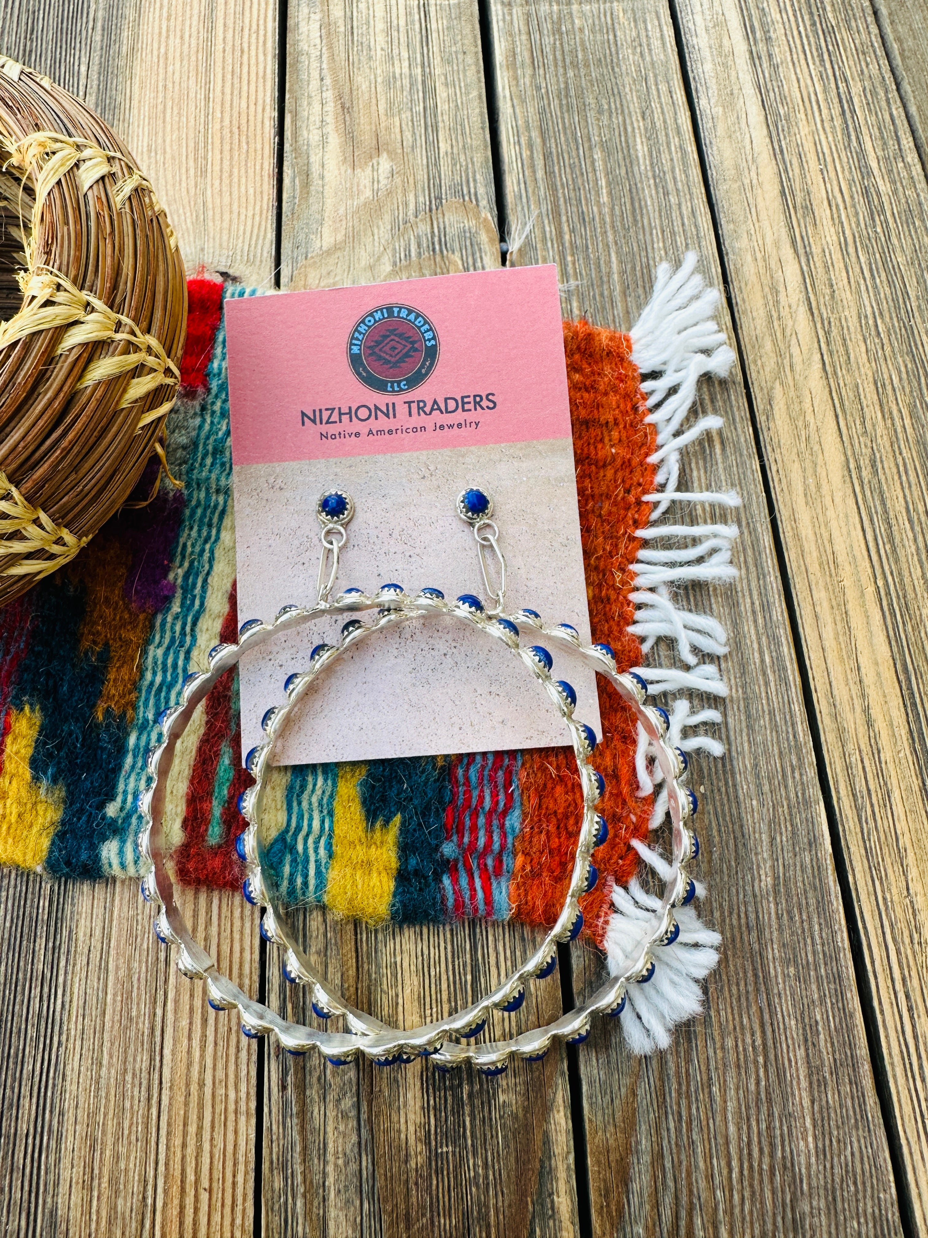 Handcrafted Lapis & Sterling Silver Dangle Hoop Earrings