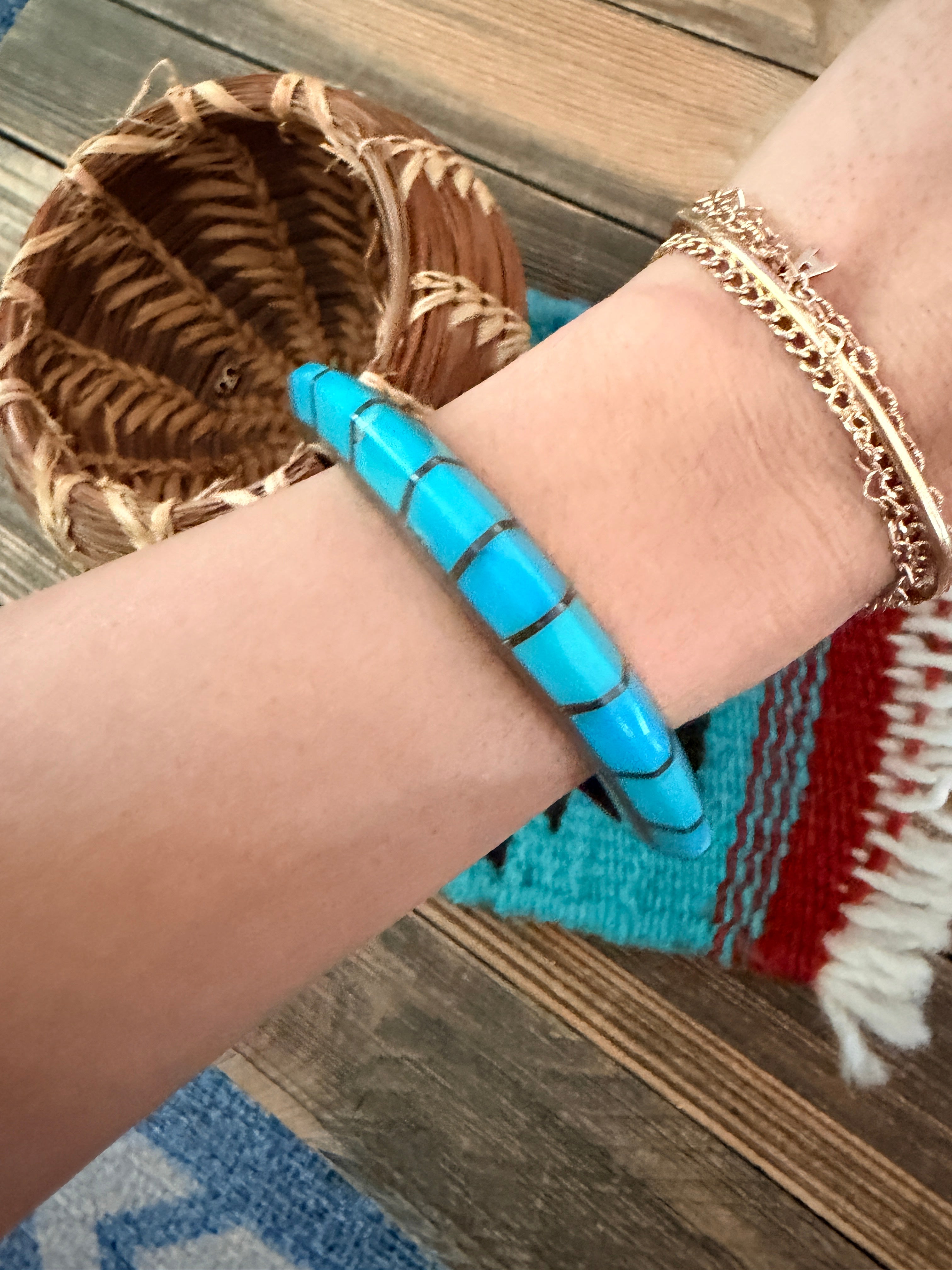 Handcrafted Old Pawn Sterling Silver & Turquoise Raised Inlay Cuff Bracelet