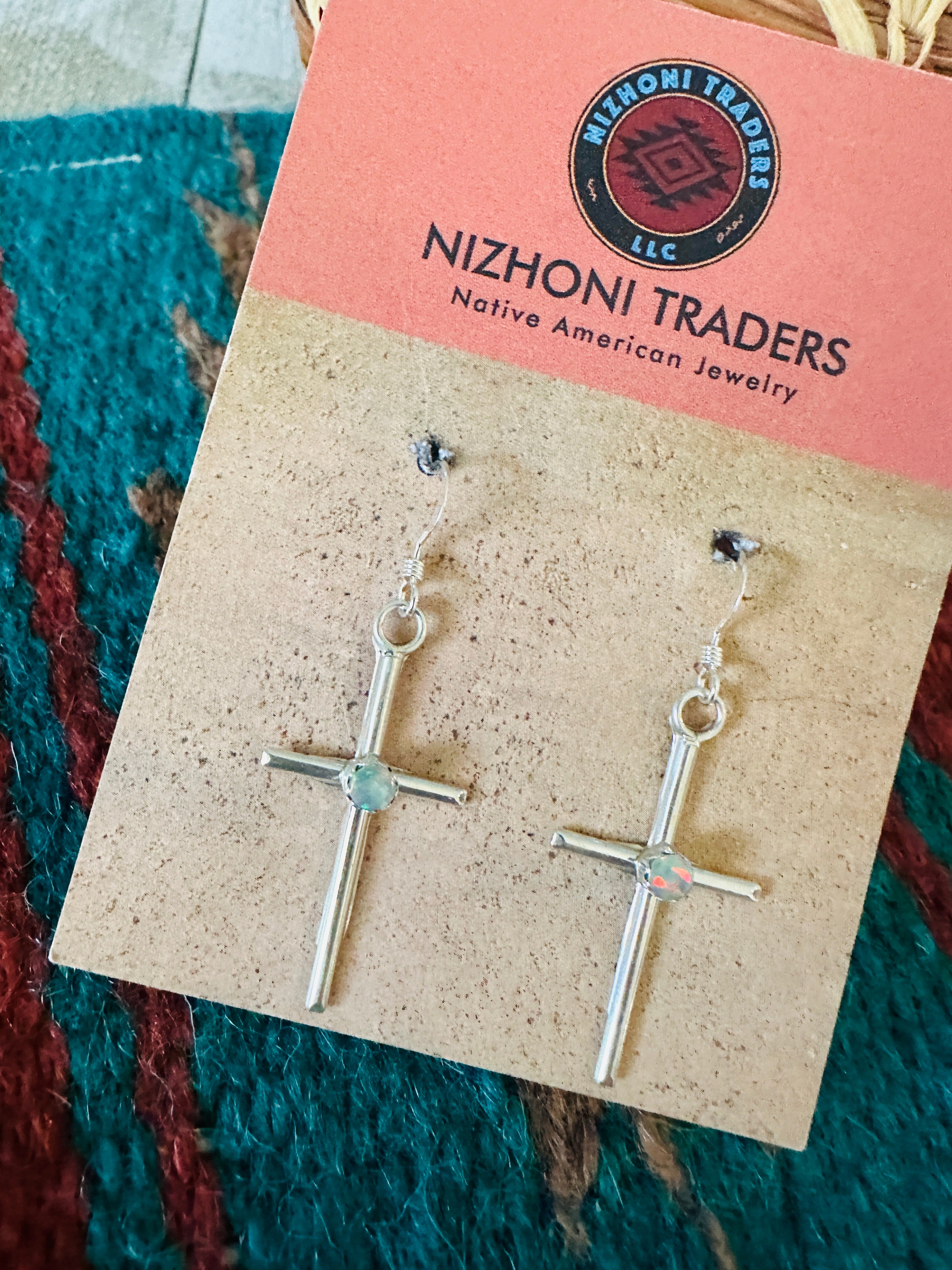 Handcrafted Sterling Silver & White Opal Cross Dangle Earrings