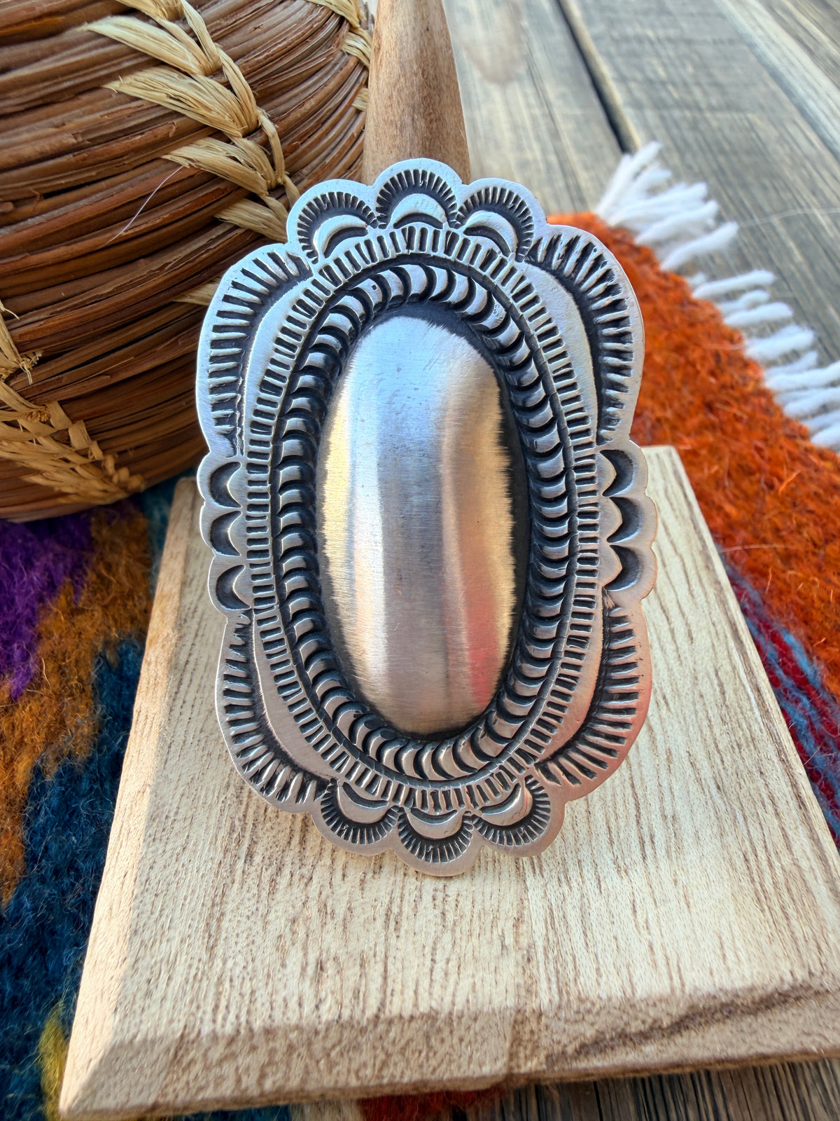 Handcrafted Sterling Silver Adjustable Concho Ring by Leander Tahe