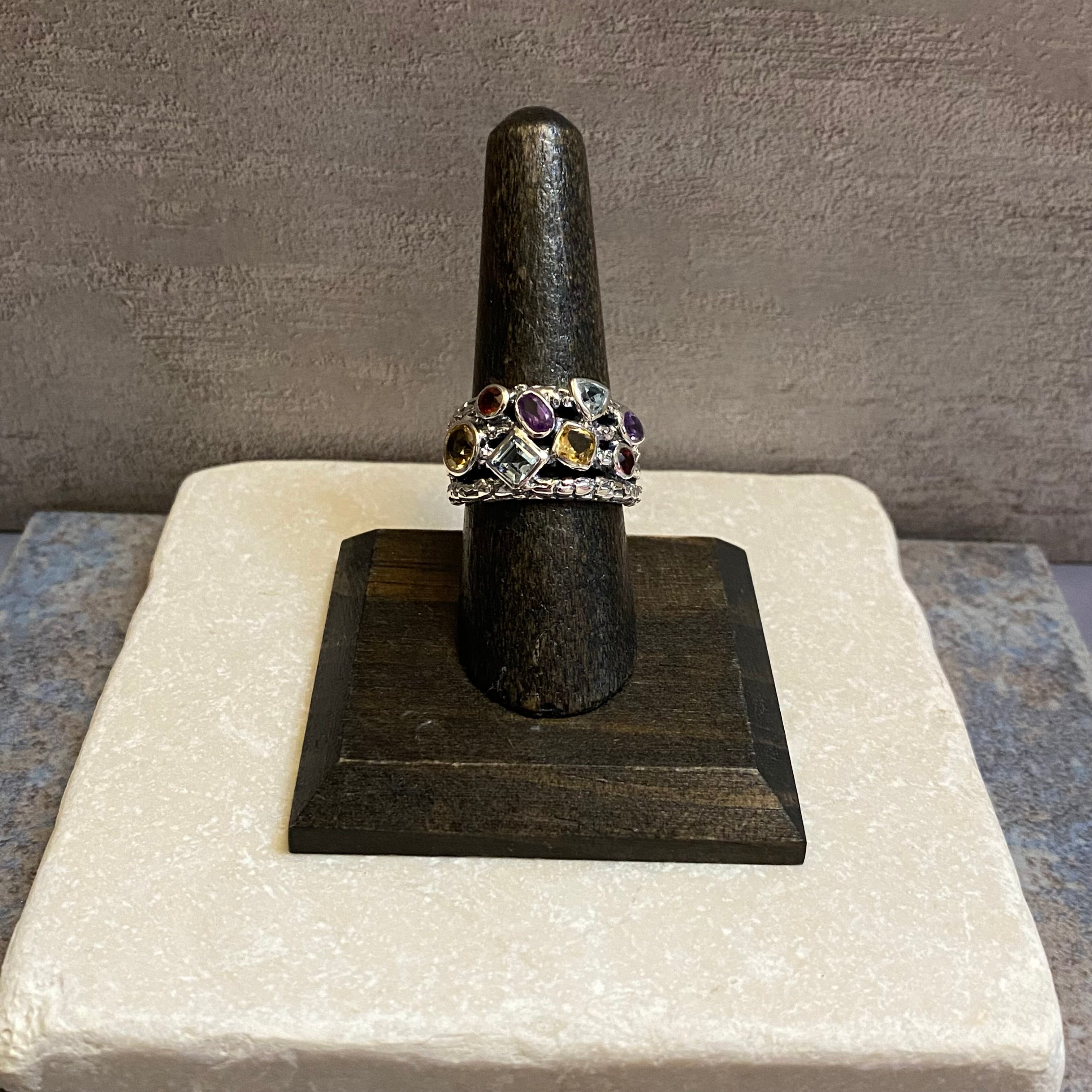 Sterling Silver Amethyst, Blue Topaz, Citrine, & Garnet Ring Size 7.5