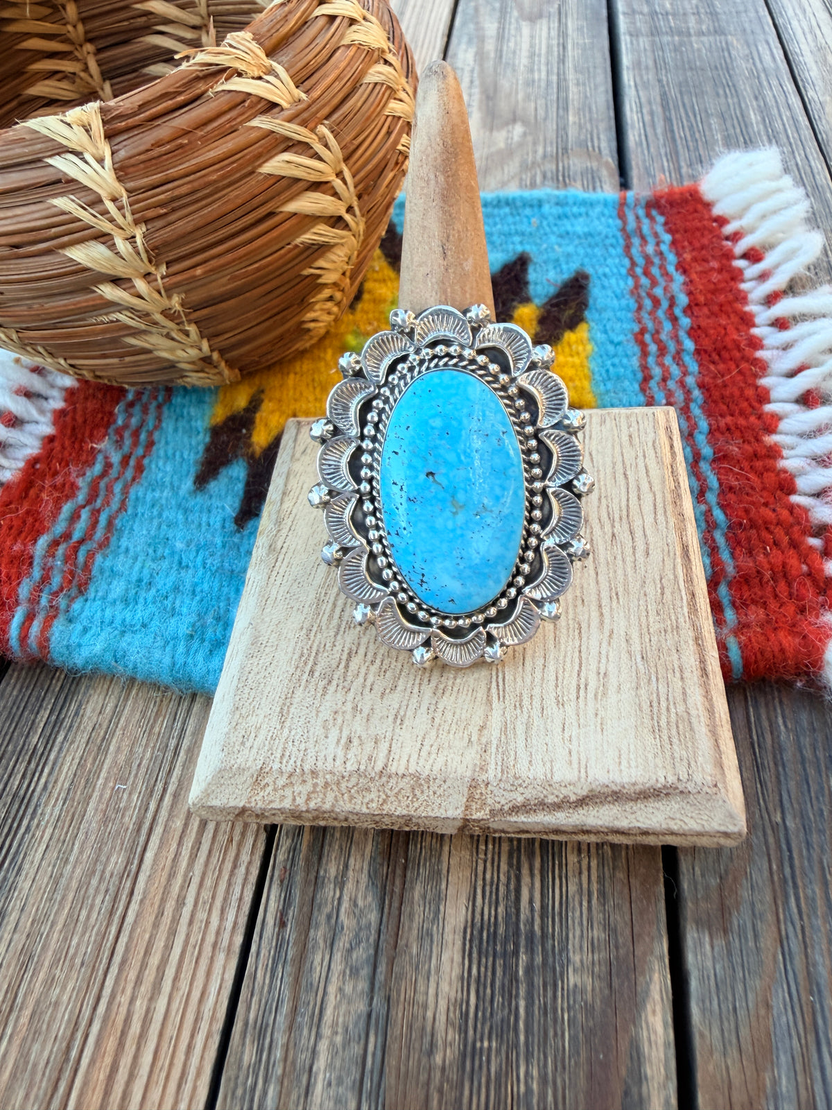 Old Pawn Handcrafted Turquoise & Sterling Silver Ring Size 9.5