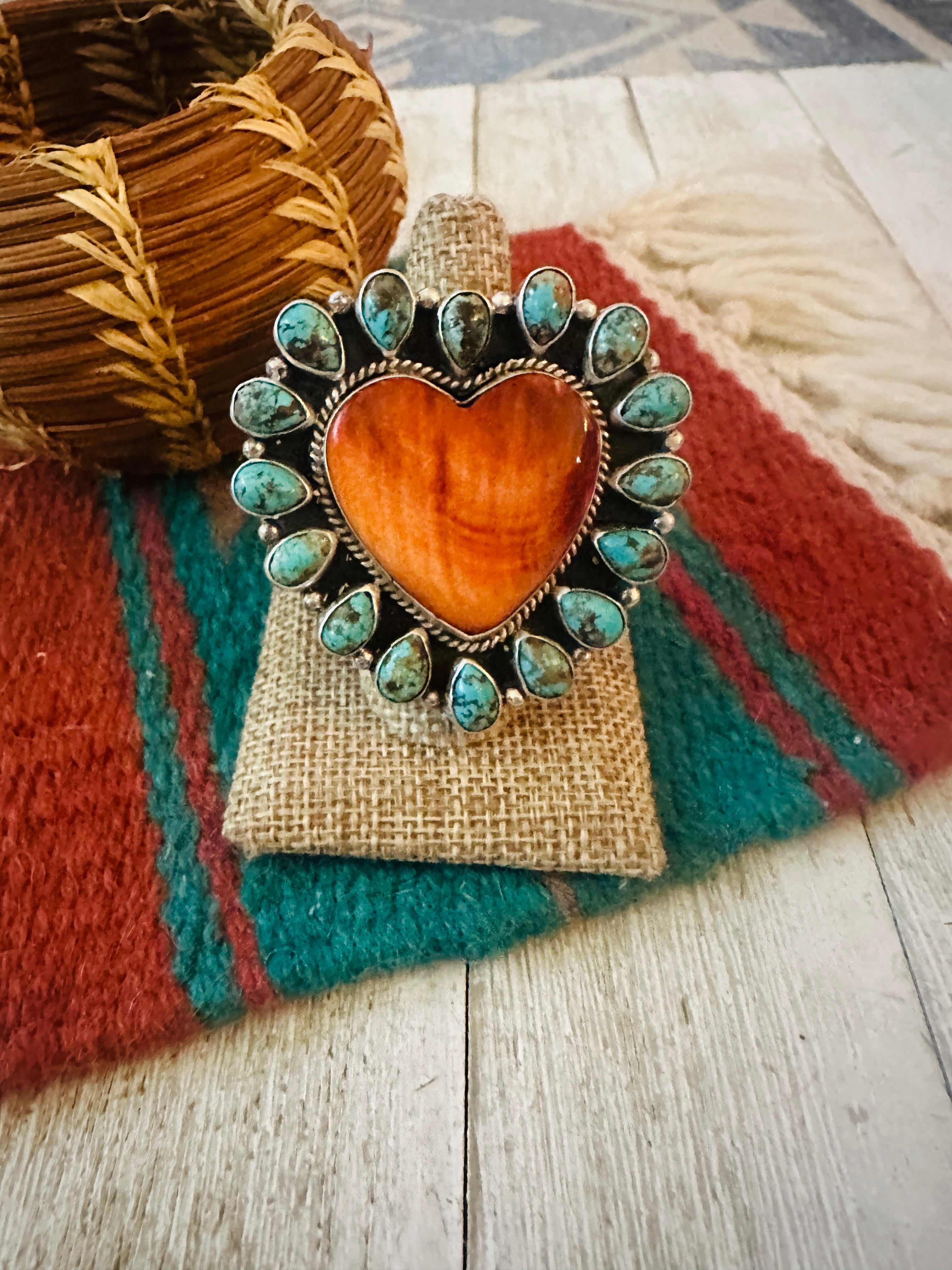 Handcrafted Sterling Silver Spiny & Turquoise Cluster Adjustable Heart Ring