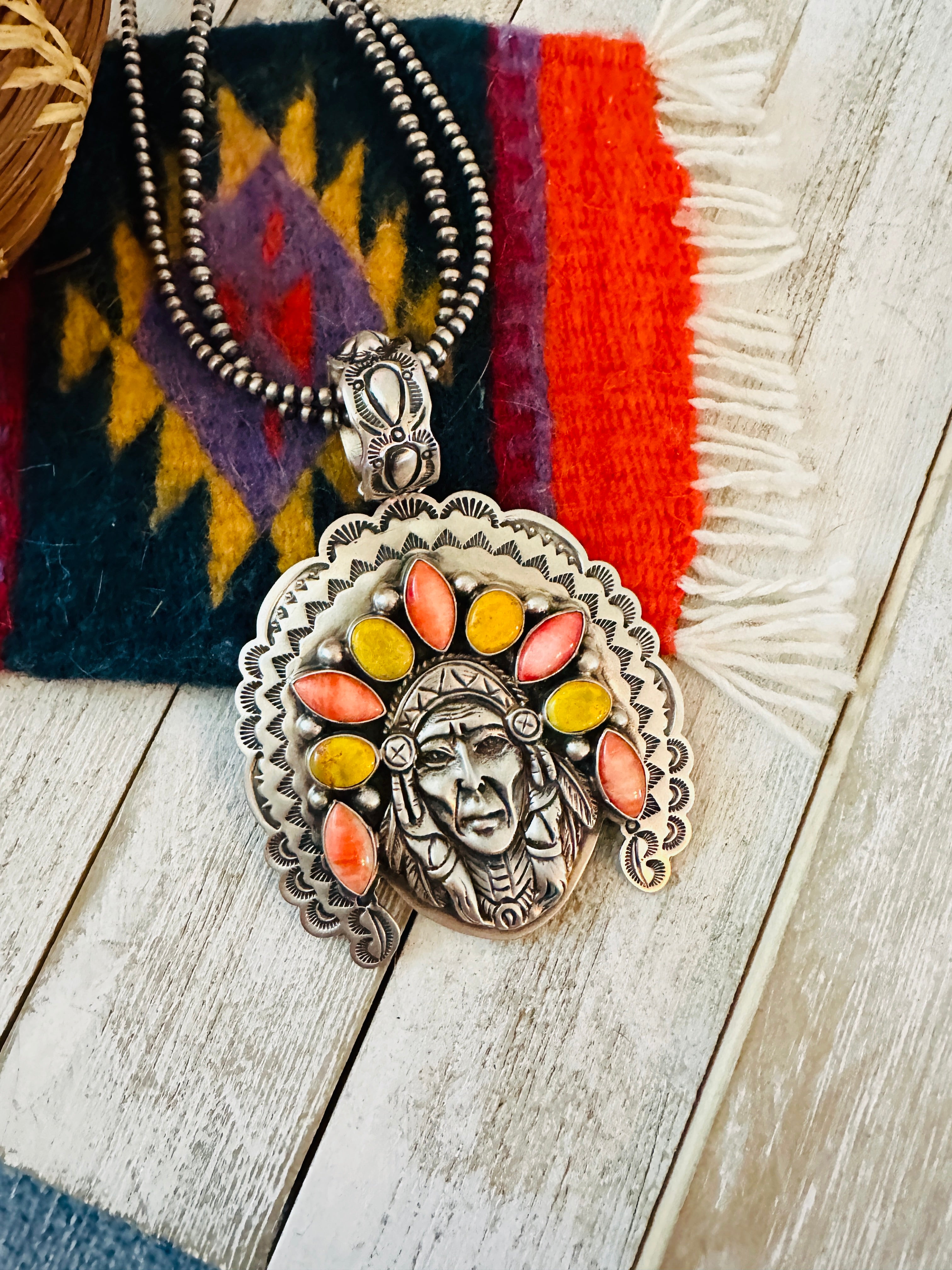 Handcrafted Spiny, Jasper & Sterling Silver Indian Chief Pendant