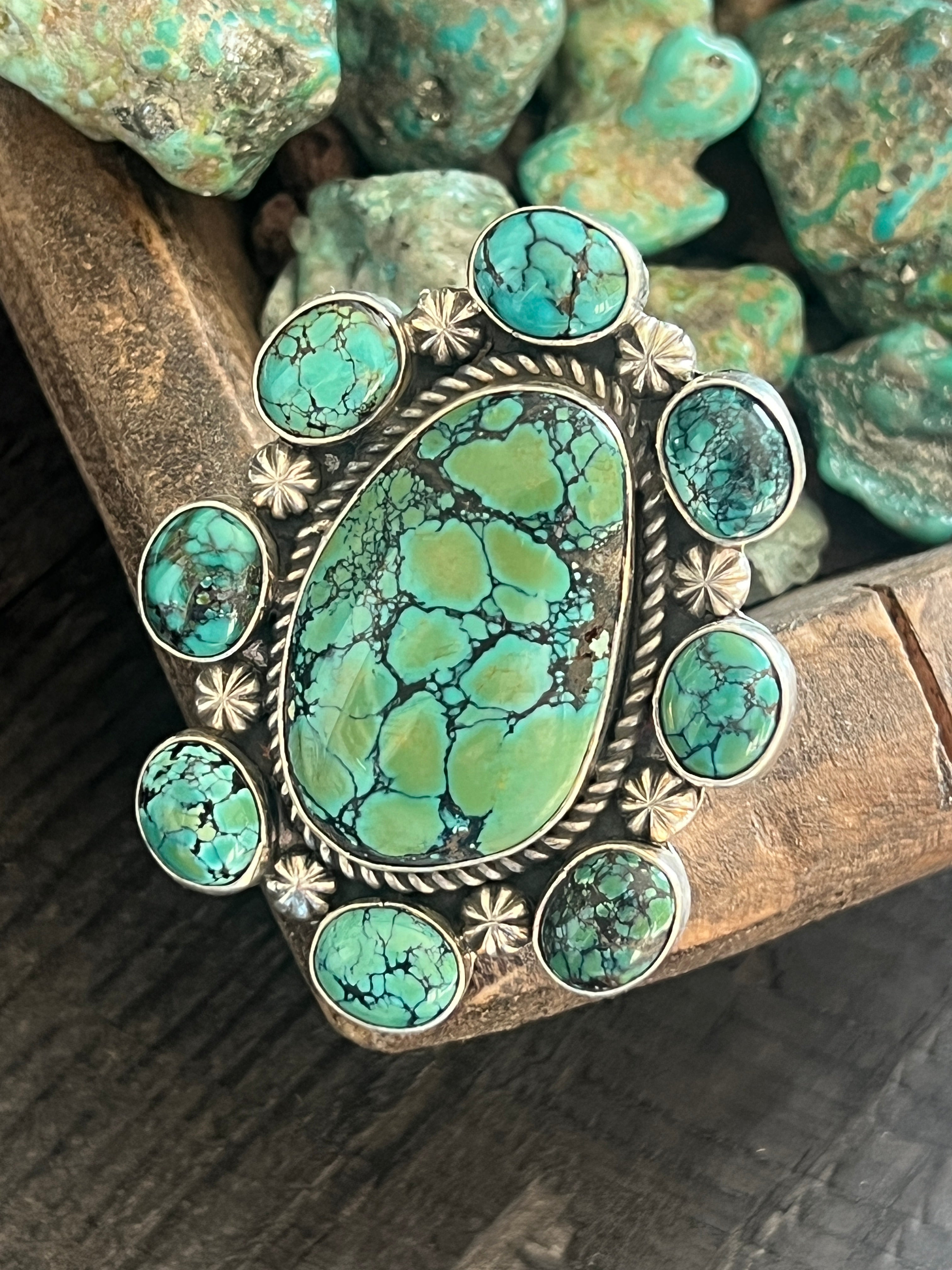 Handcrafted Sterling Silver and Hubei Turquoise Cluster Ring by Rosella Paxson, Size 8.5