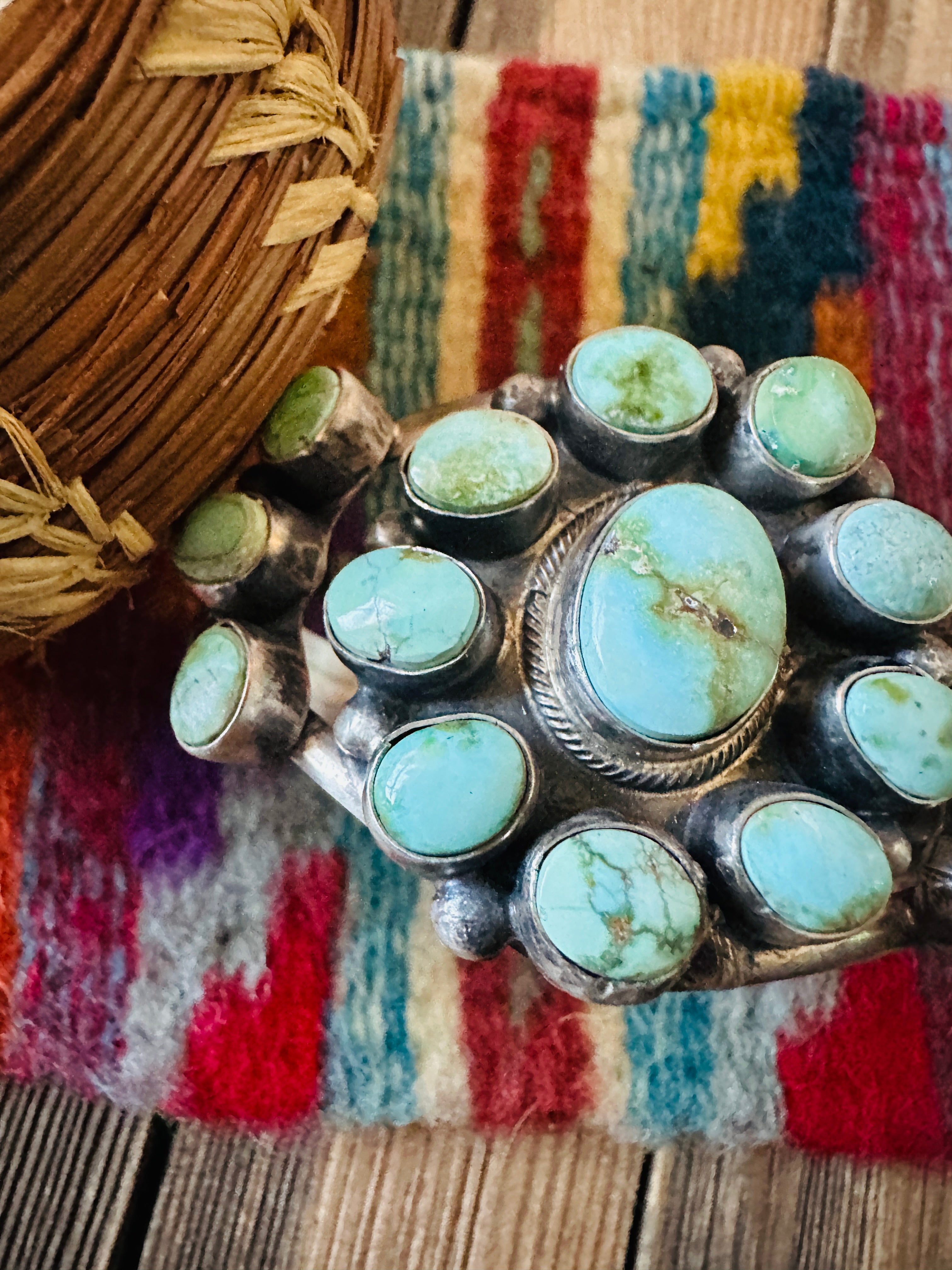 Handcrafted Sonoran Mountain Turquoise & Sterling Silver Cluster Cuff Bracelet by Bobby Johnson