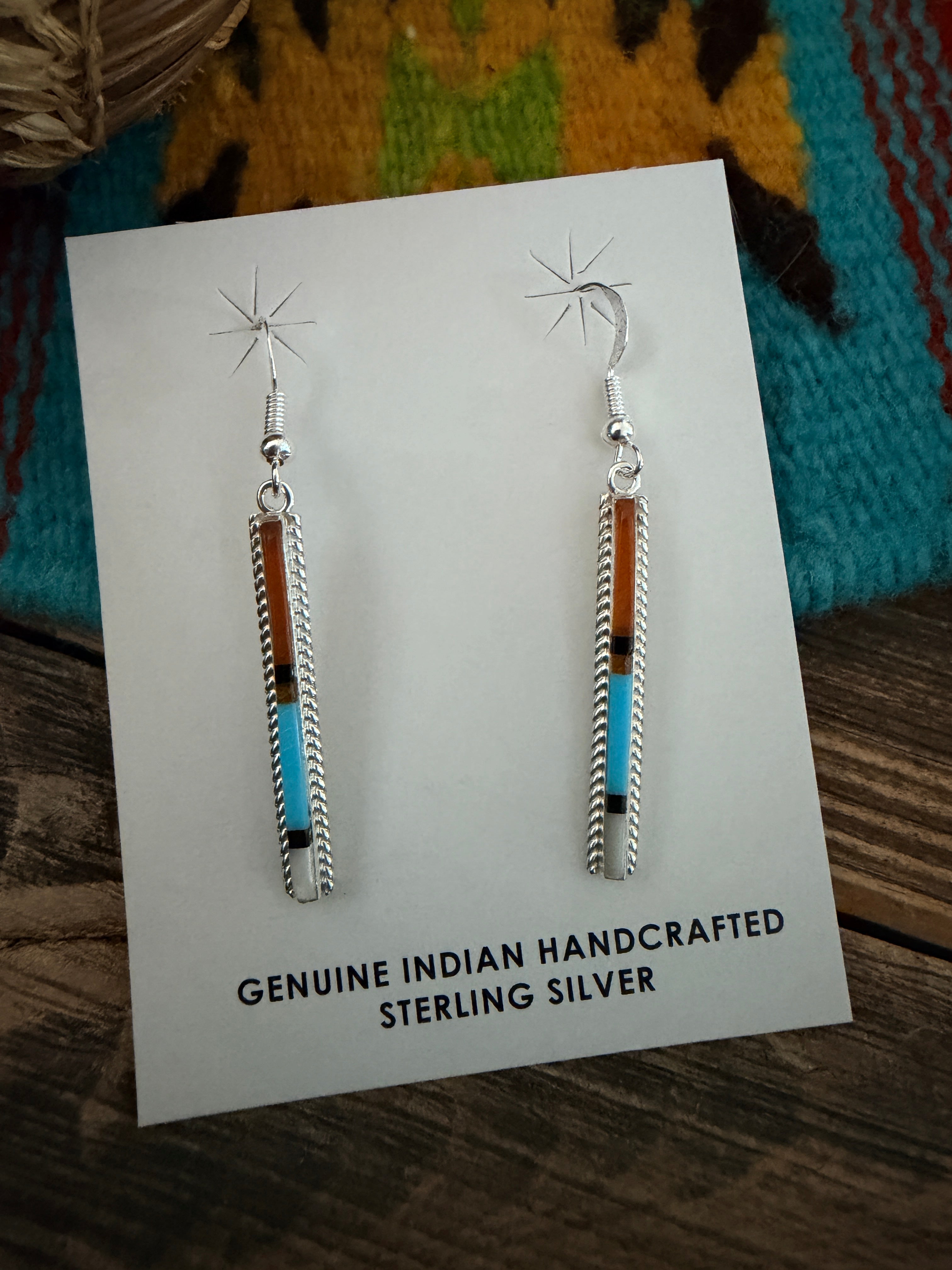Handcrafted Multi Stone & Sterling Silver Inlay Dangle Earrings by Allen Barney