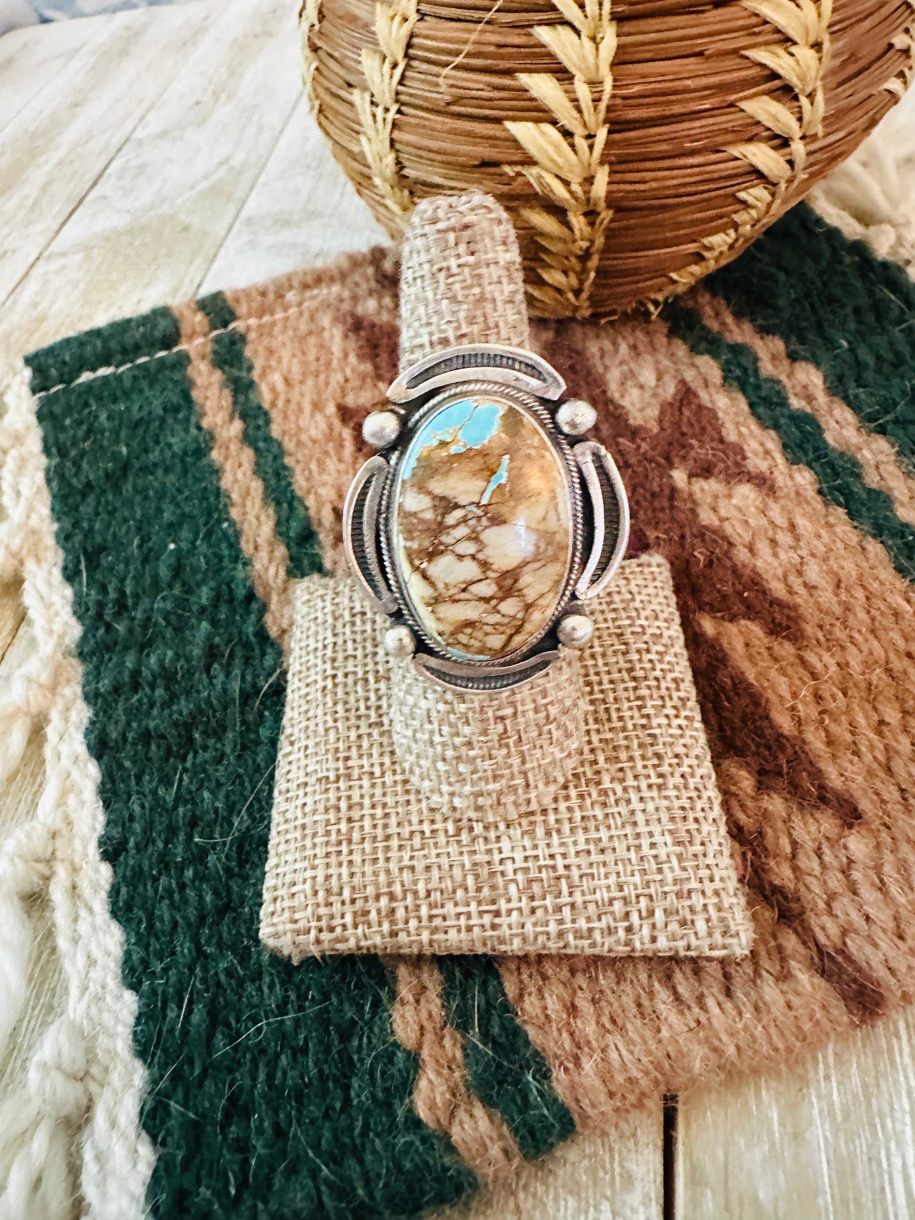 Handcrafted Sterling Silver & Ribbon Turquoise Ring Size 7.75