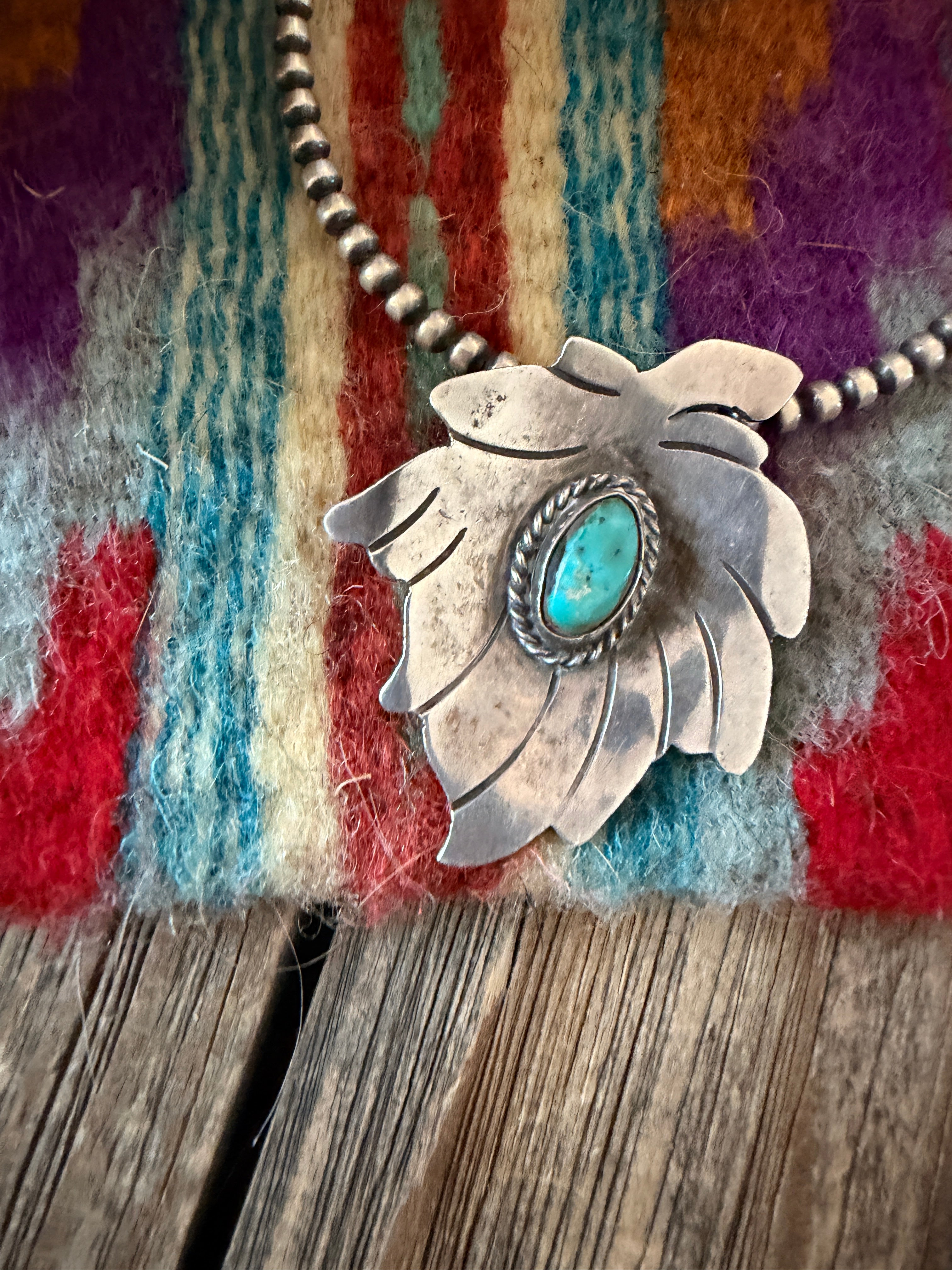 Old Pawn Handcrafted Turquoise and Sterling Silver Leaf Pendant