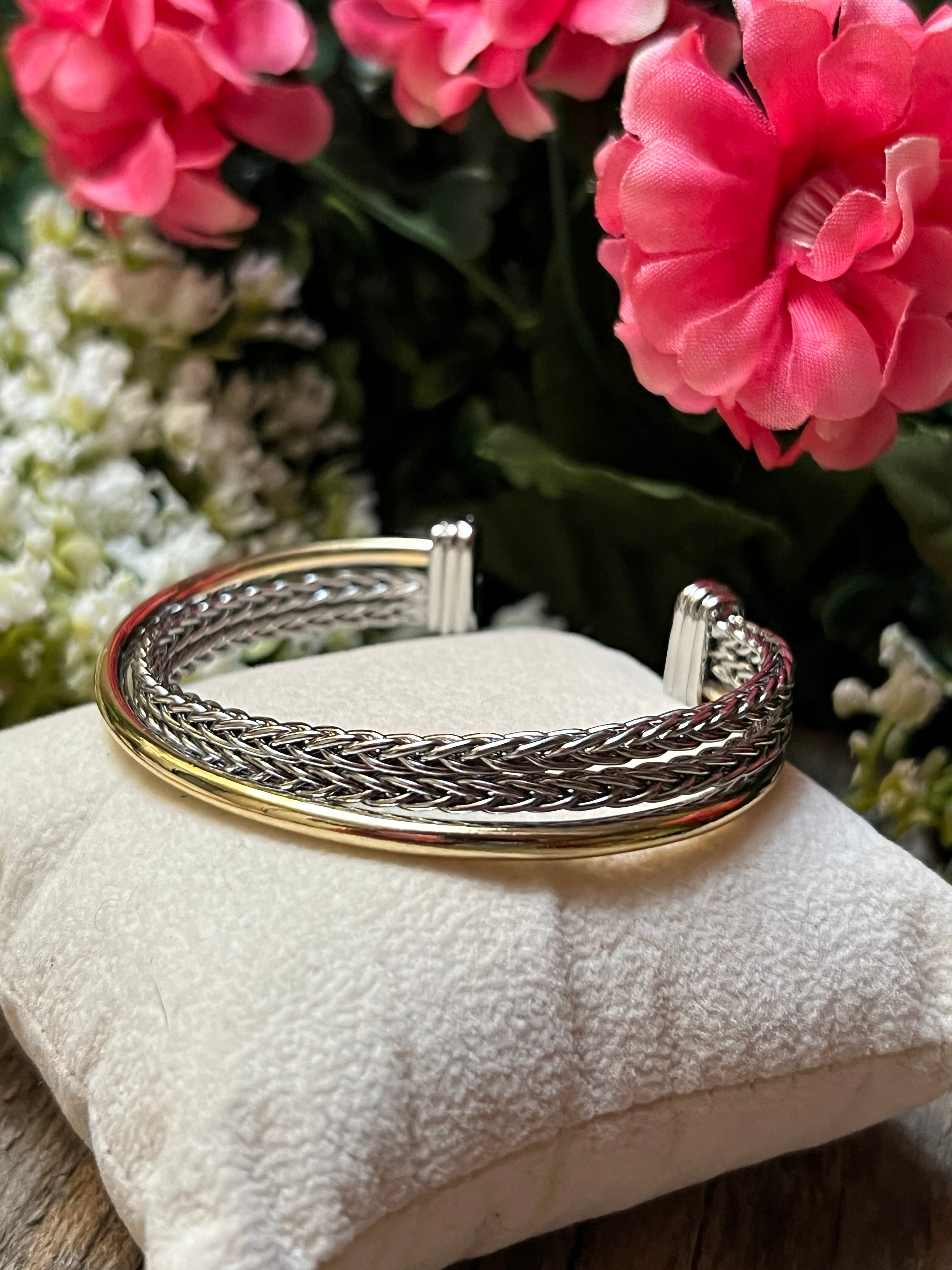 Silver & 14k Gold Plated Two Tone Ponytail Crossover Bangle Bracelet