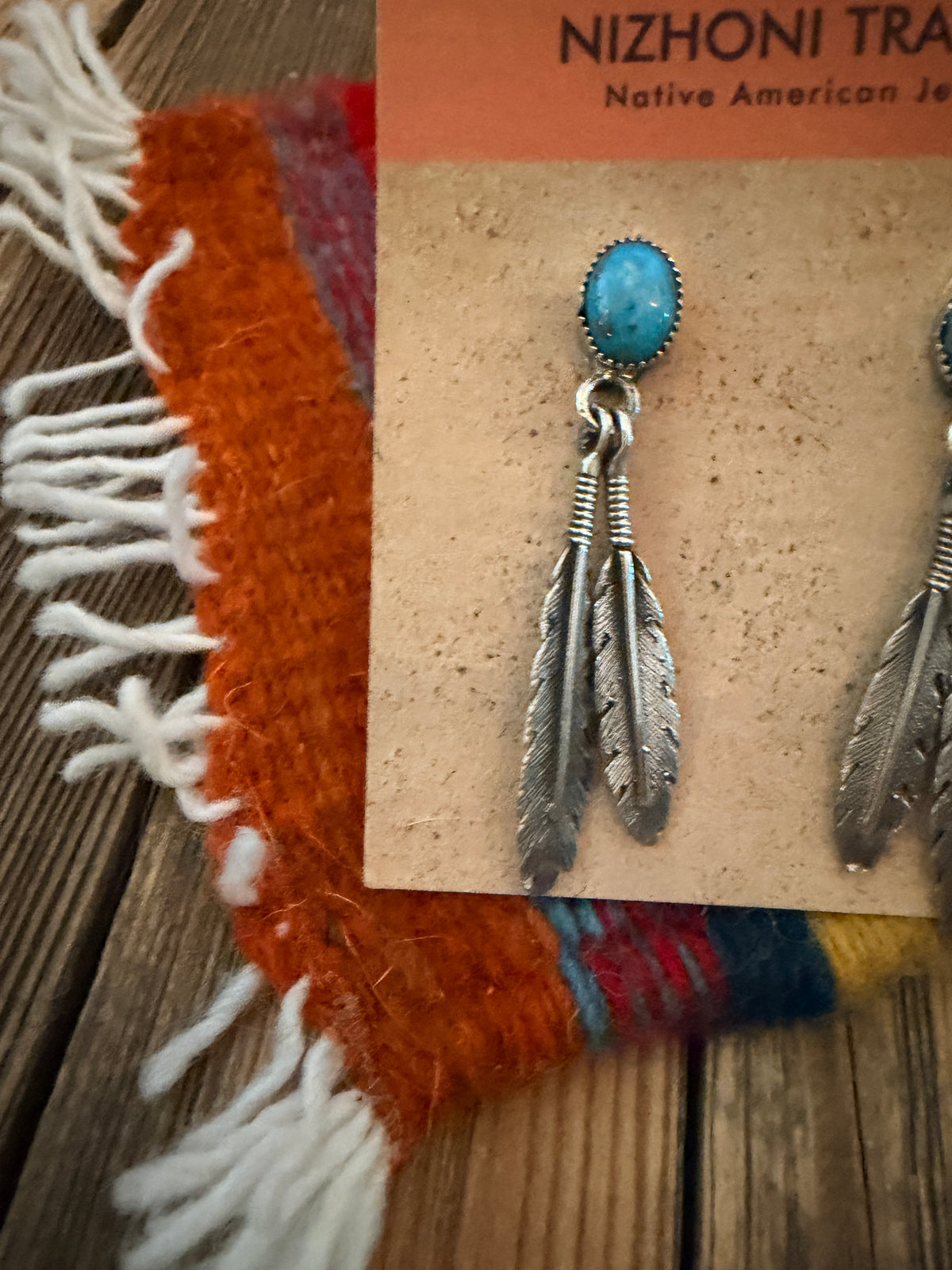 Handcrafted Turquoise & Sterling Silver Feather Dangle Earrings