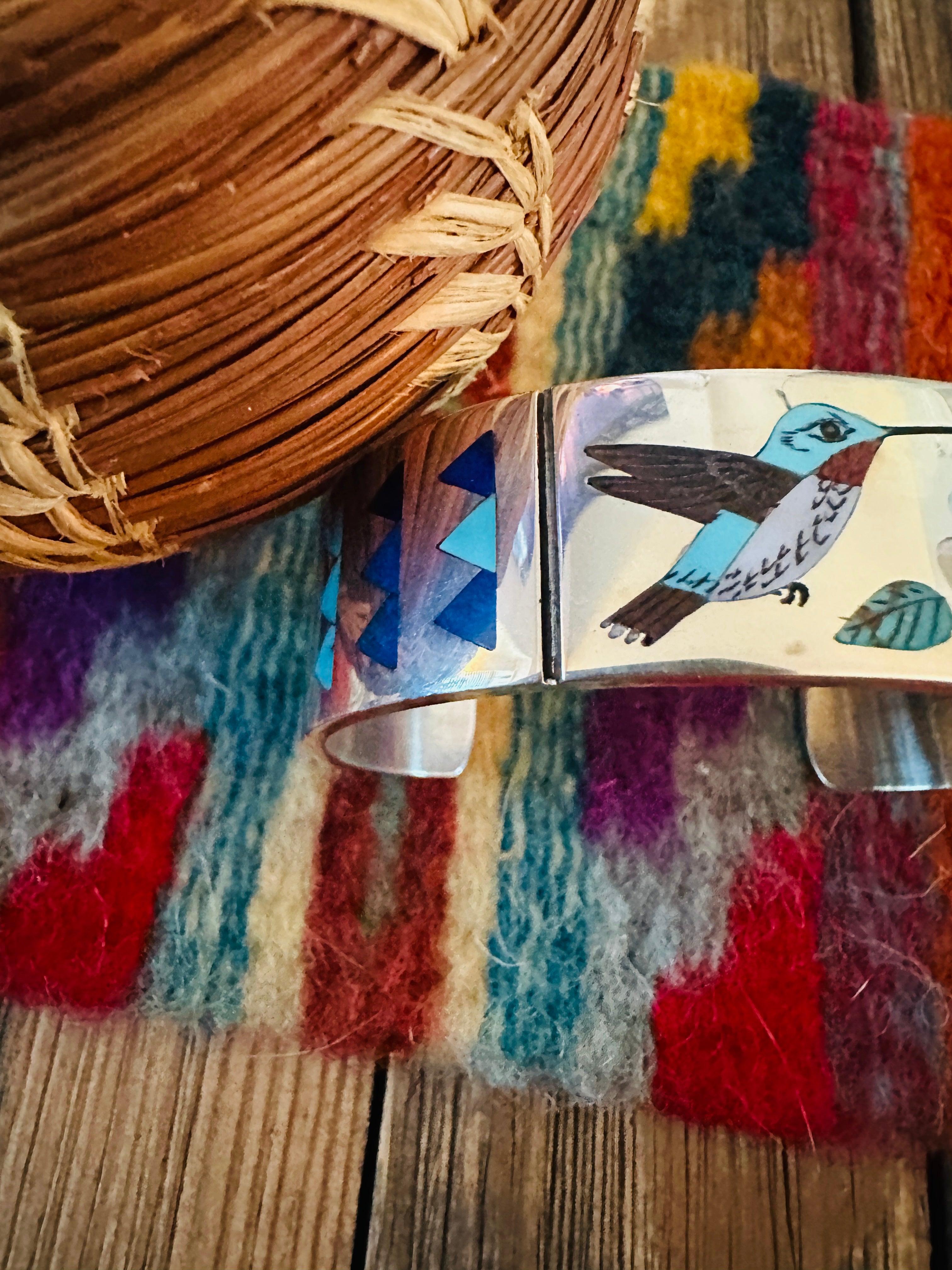 Handcrafted Sterling Silver & Multi Stone Inlay Hummingbird Cuff Bracelet by R.N. Laconsello