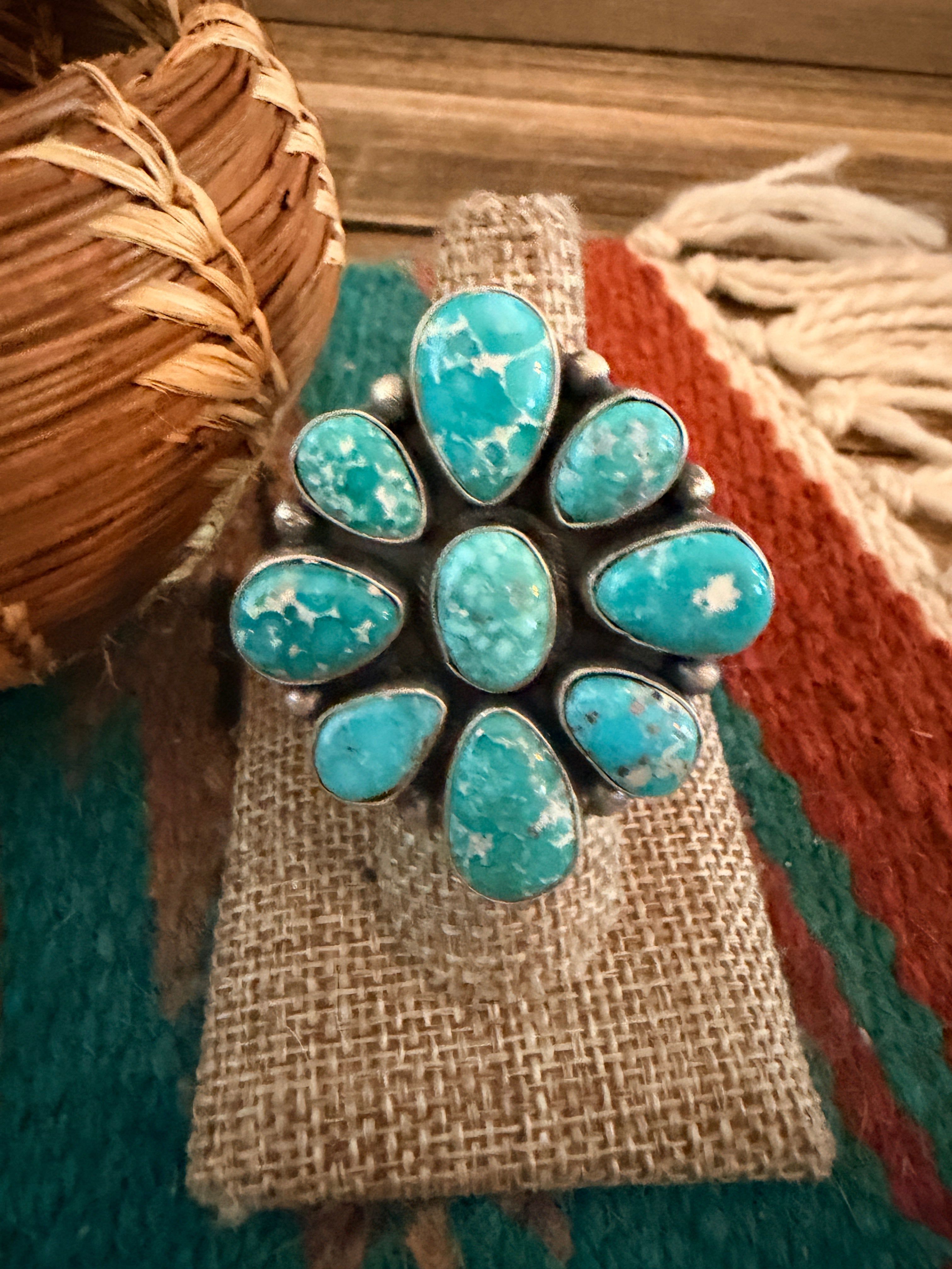 Handcrafted Turquoise & Sterling Silver Cluster Ring by Ella Peters Size 7
