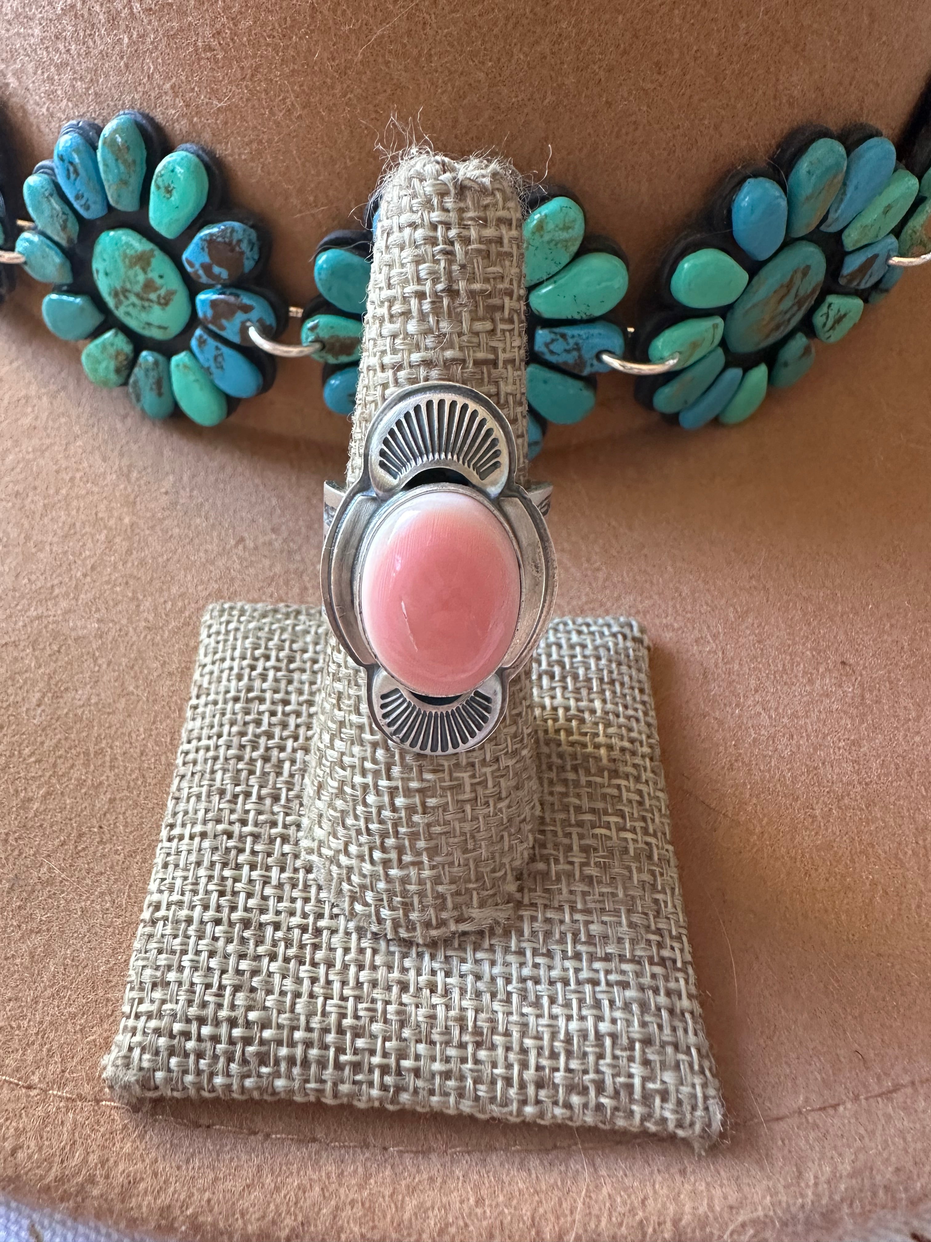 Gorgeous Handcrafted Pink Conch And Sterling Silver Ring Size 7.5 Signed