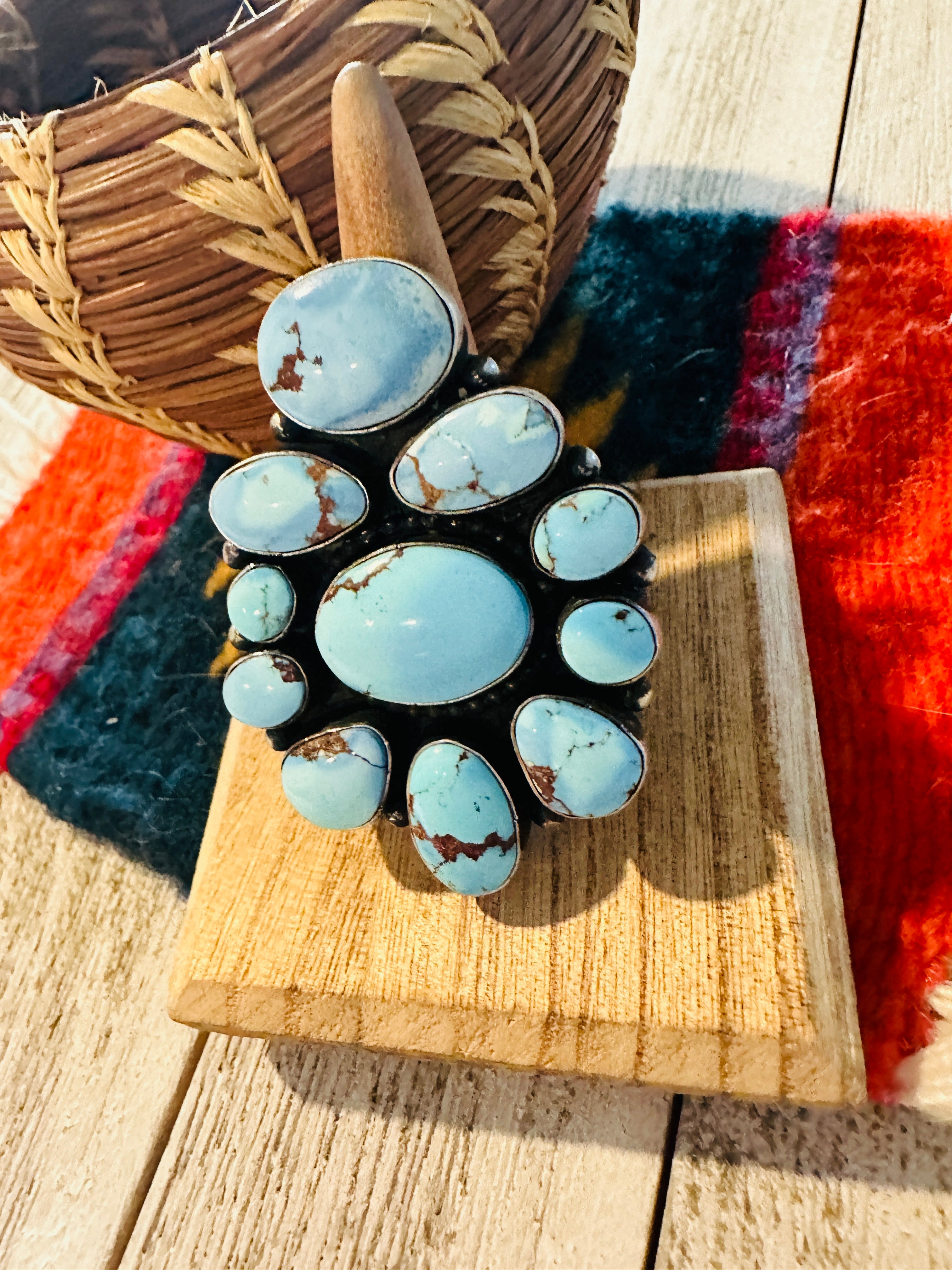 Navajo Golden Hills Turquoise & Sterling Silver Cluster Ring Size 8.25 by B. Yellowhorse