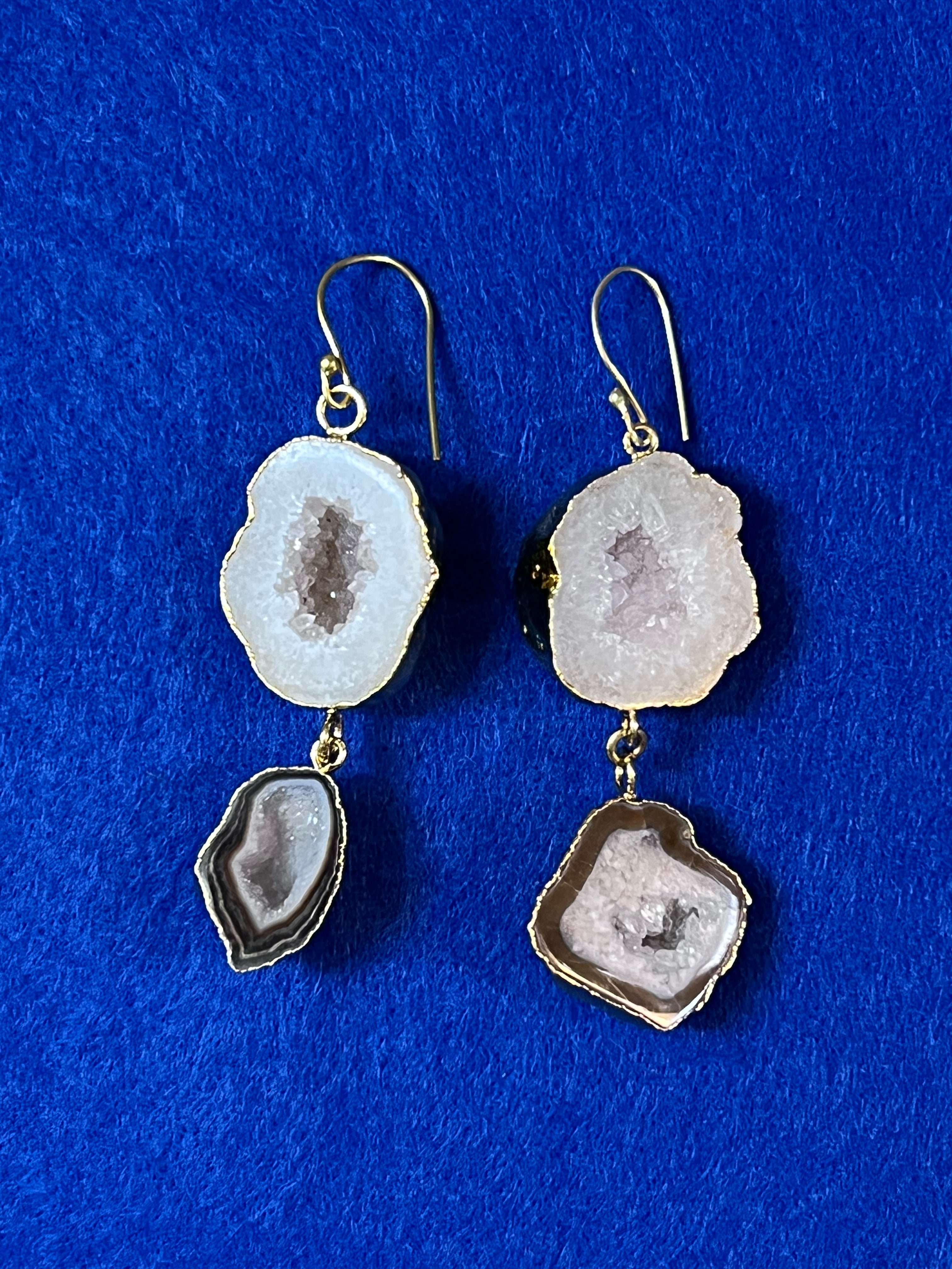 Handmade 14k Gold Druzy Plated Brass 2-Stone White Geode Dangle Wire Earrings