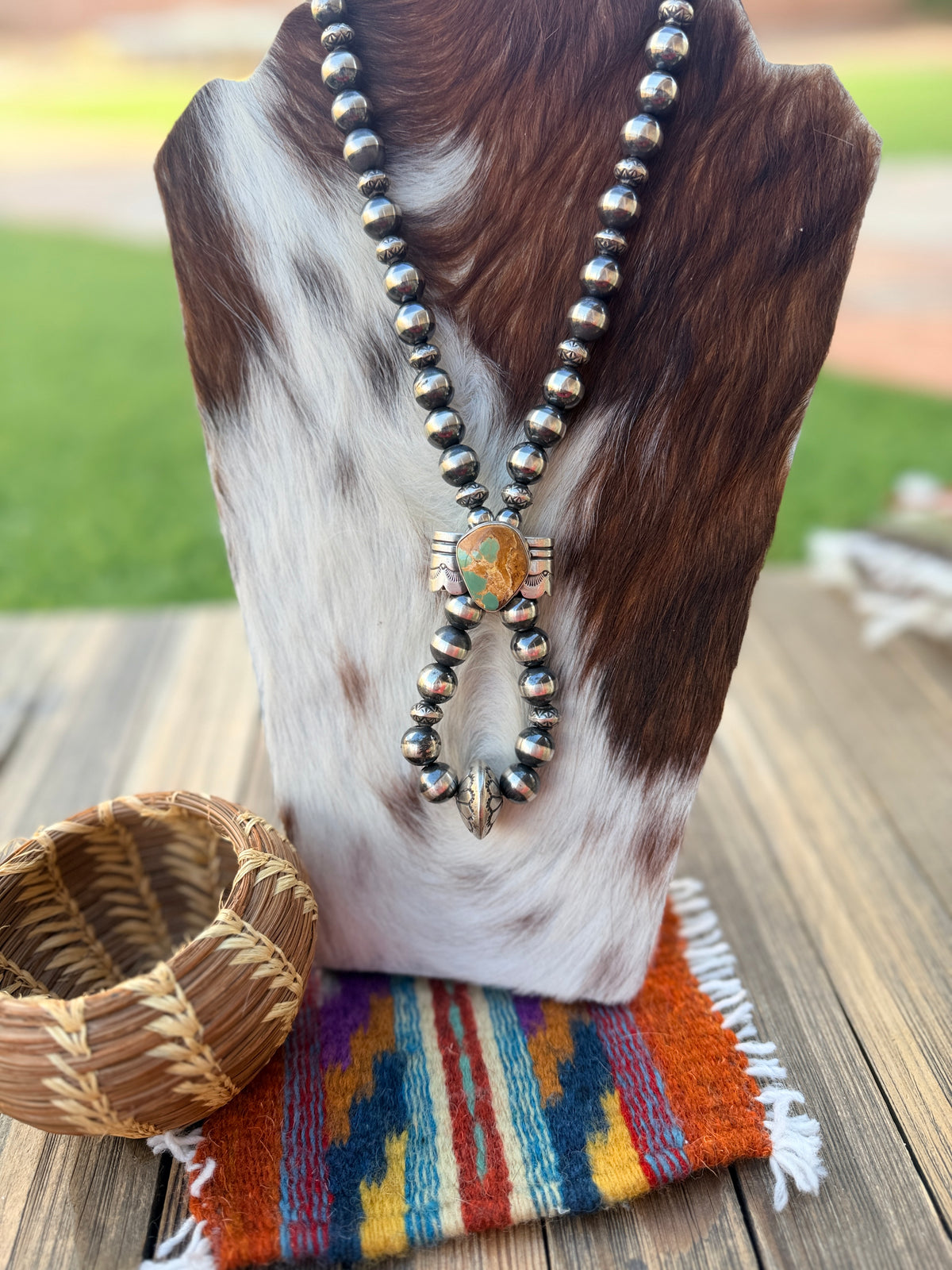 Handcrafted Turquoise & Sterling Silver Beaded Double Sided Jacla Necklace