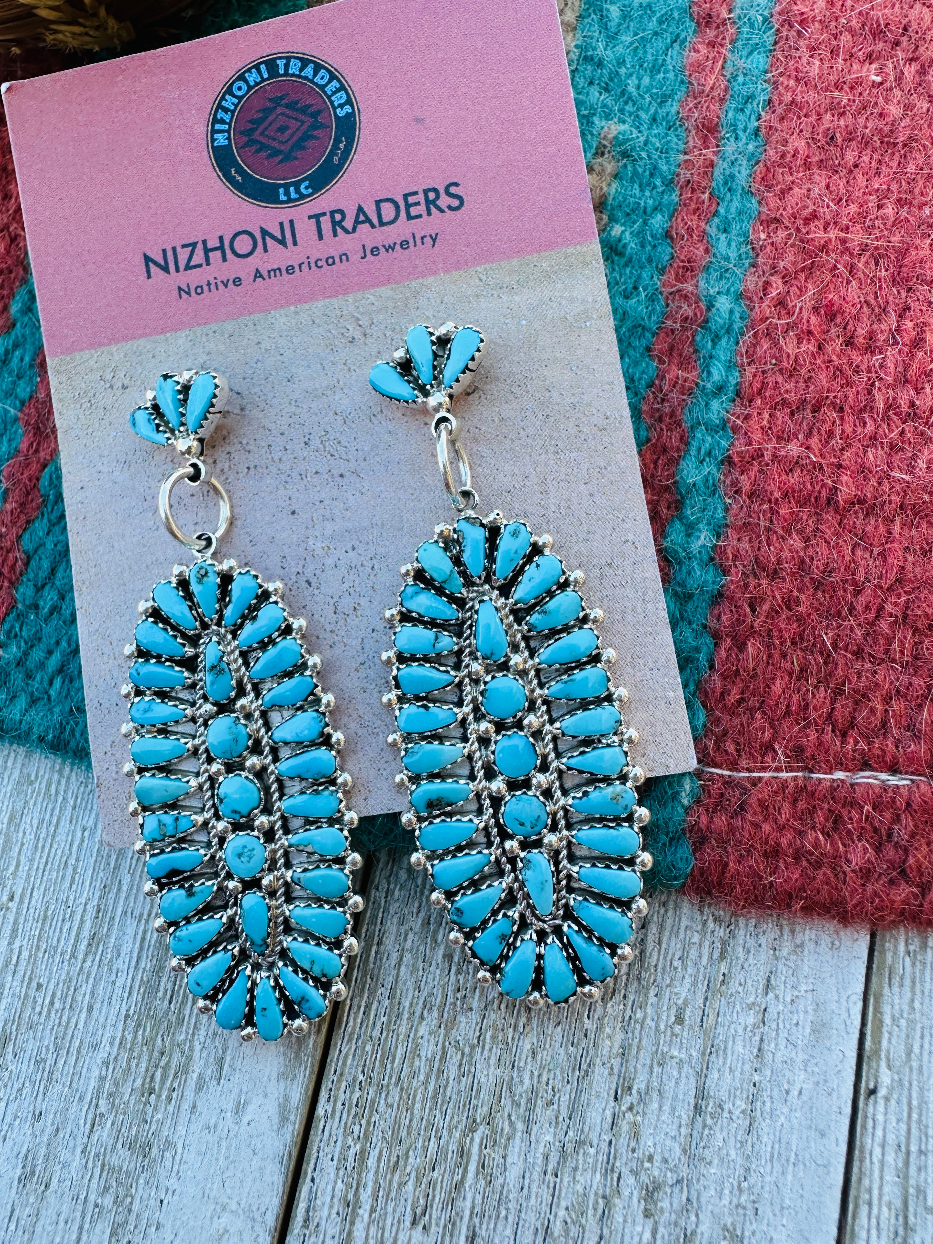 Handcrafted Sleeping Beauty Turquoise And Sterling Silver Cluster Dangle Earrings