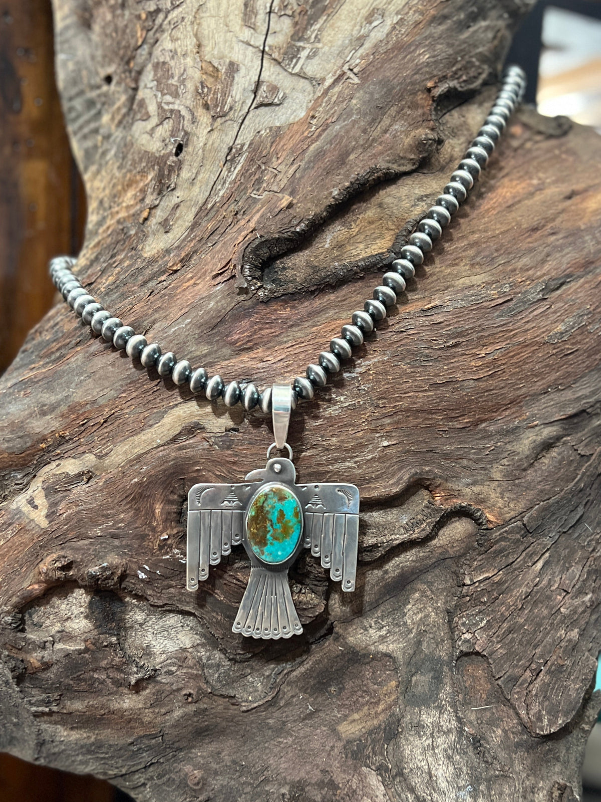Kimari Somers Hand Stamped Sterling Silver & Royston Turquoise Thunderbird Pendant