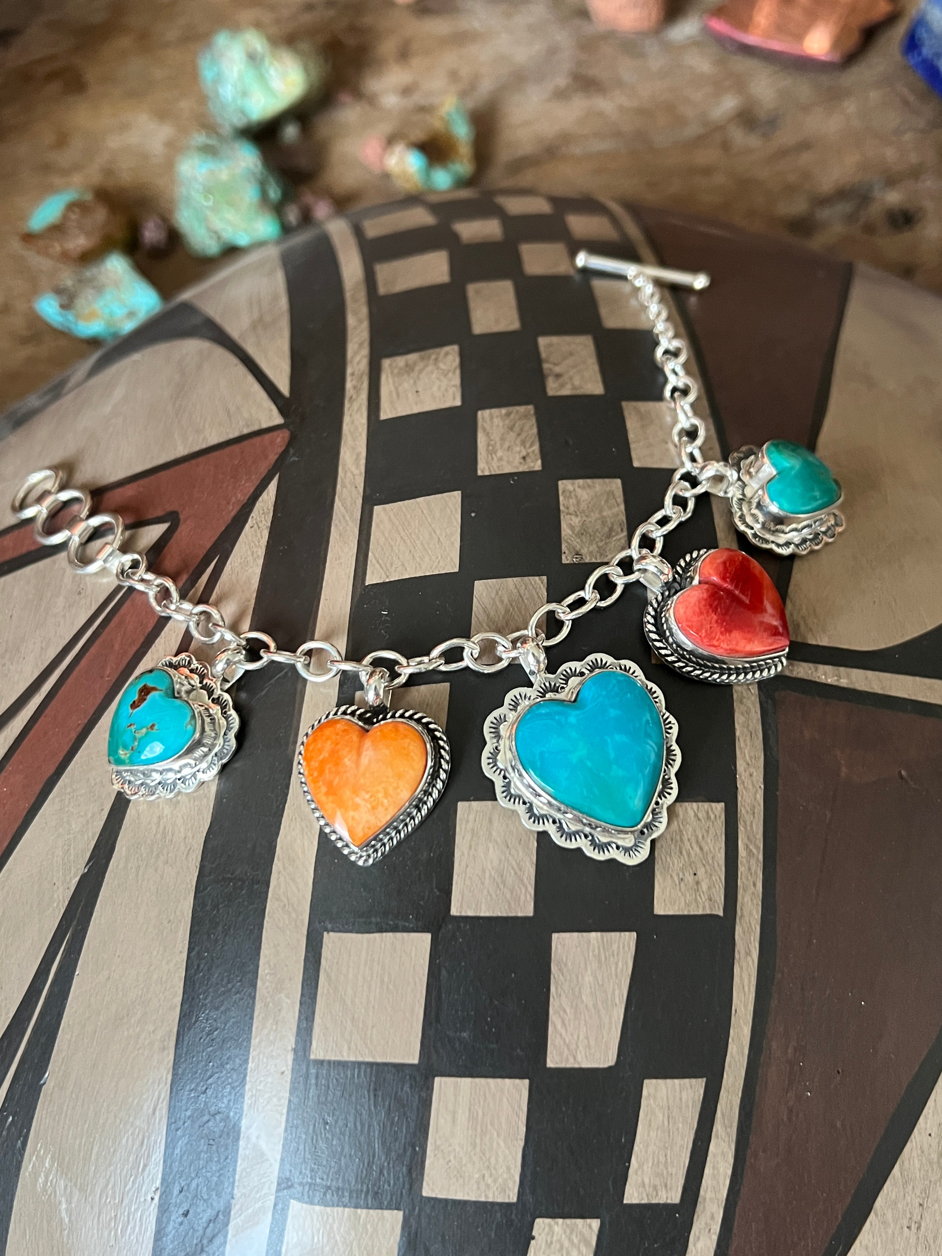 Murphy Platero Handcrafted Sterling Silver, Turquoise and Spiny Oyster Heart Charm Bracelets