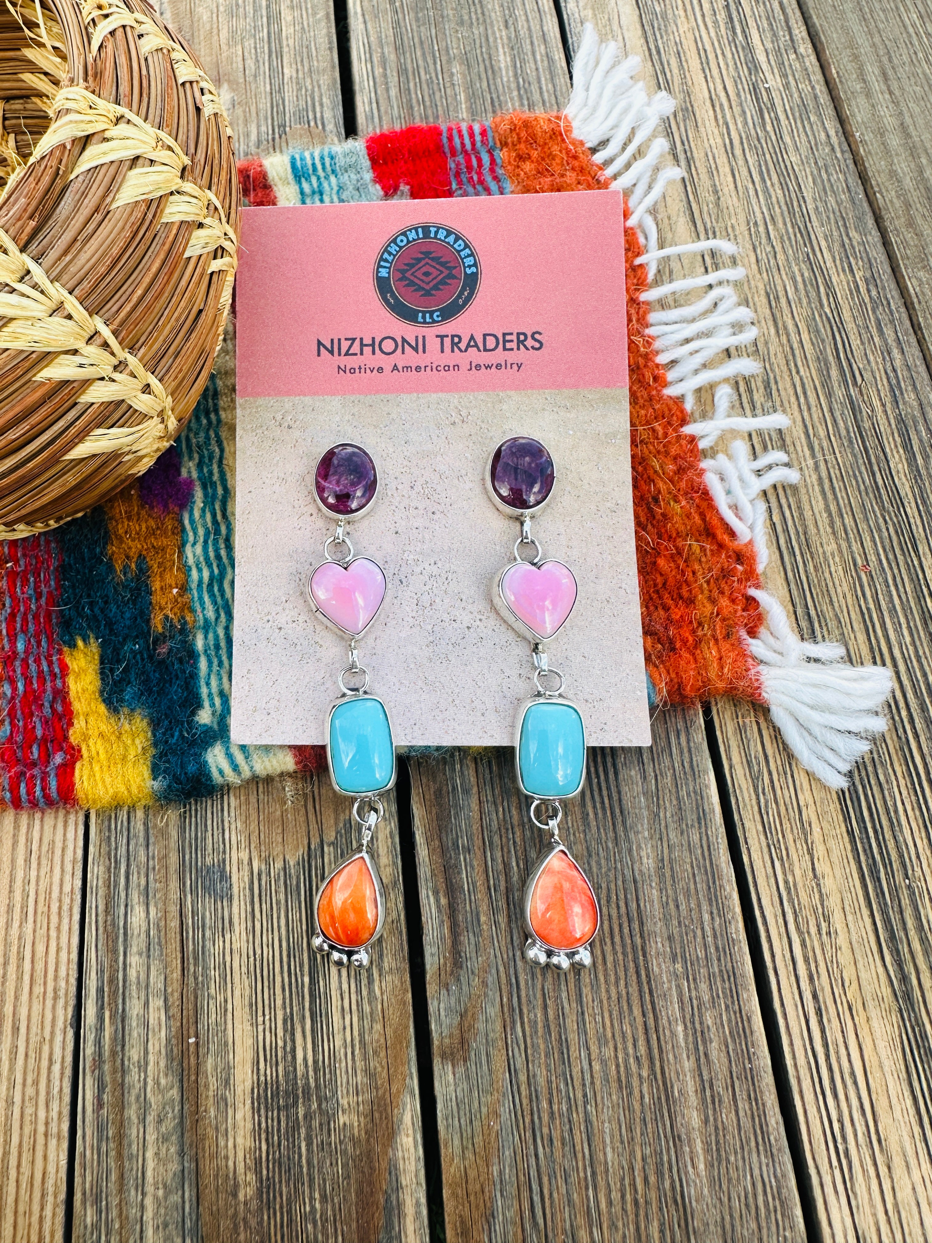 Handcrafted Multi Stone And Sterling Silver Heart Dangle Earrings by Juanita McDonald