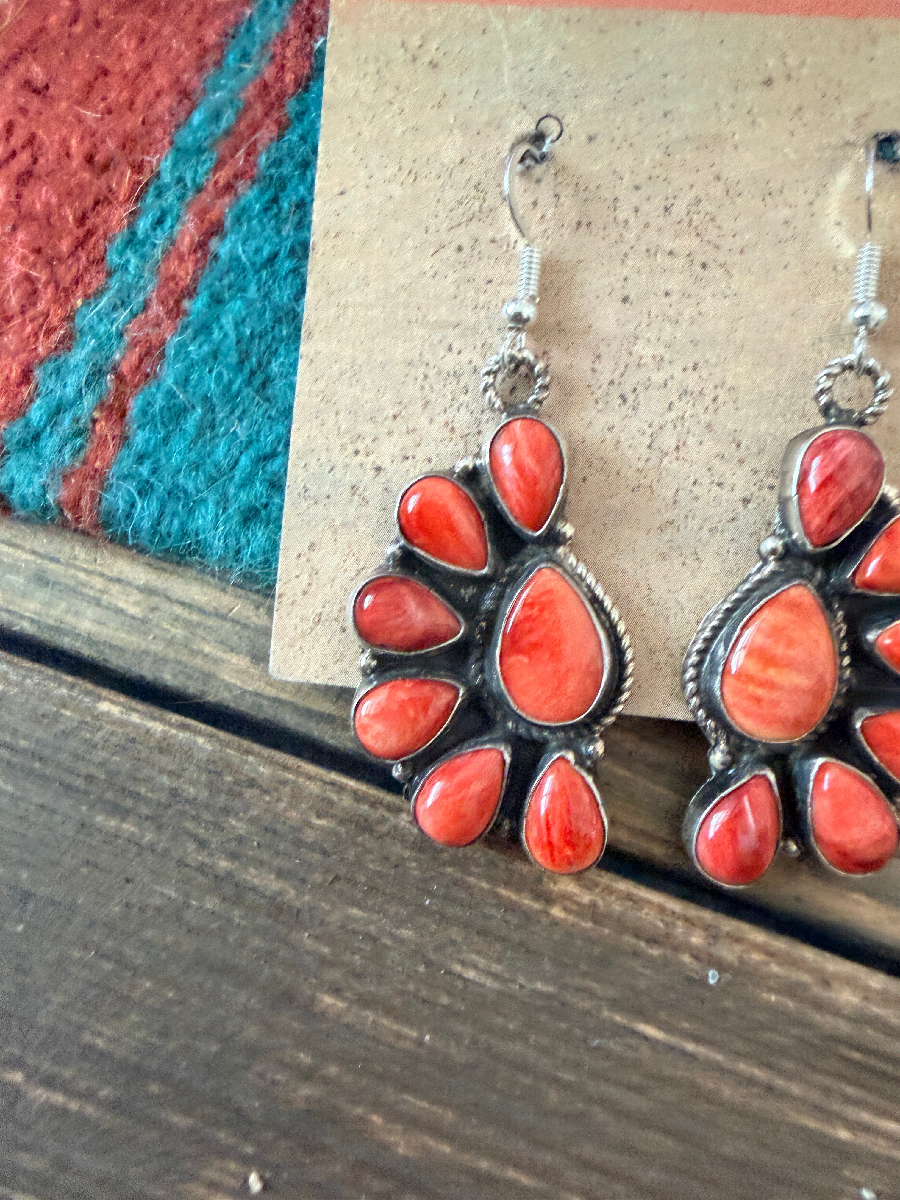 Handcrafted Orange Spiny & Sterling Silver Cluster Dangle Earrings