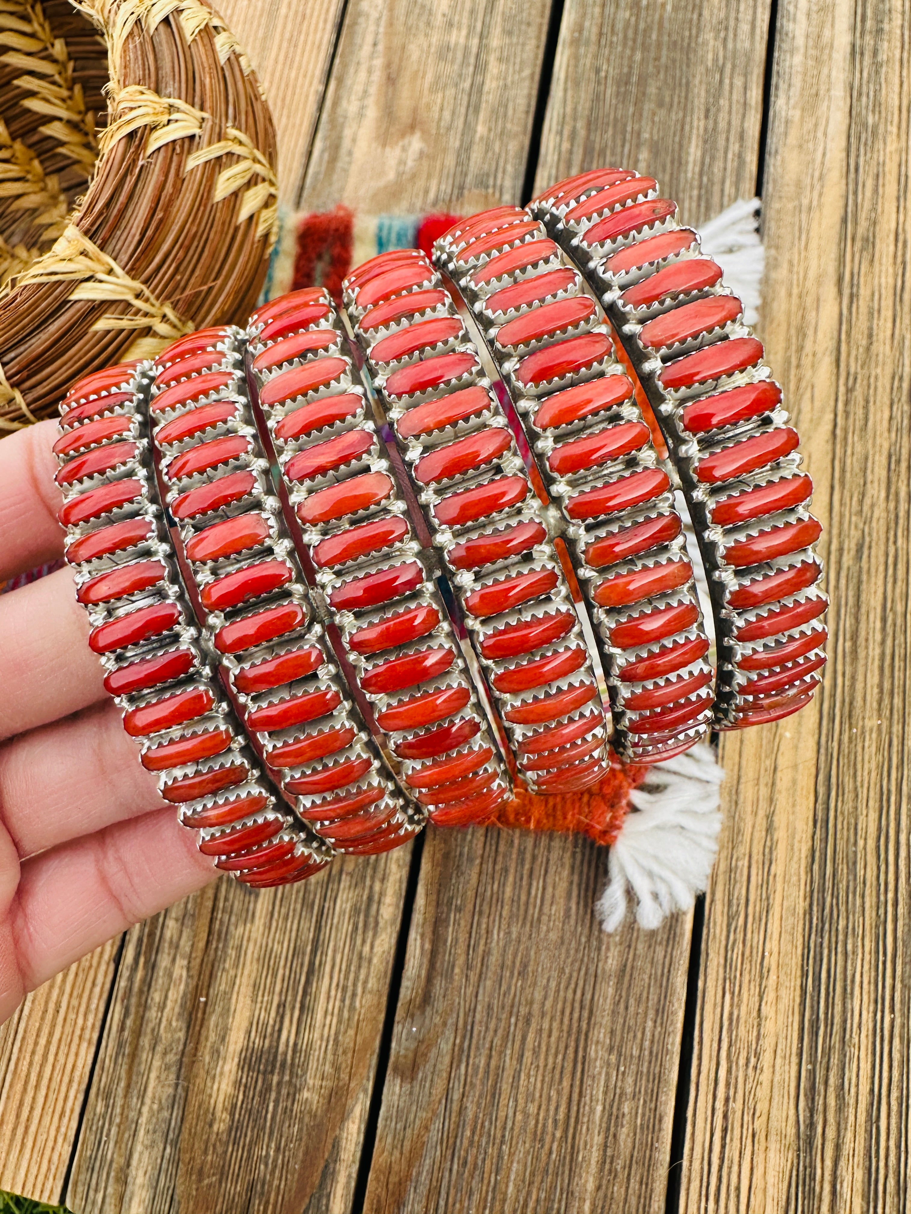Handcrafted Coral & Sterling Silver Cluster Cuff Bracelet