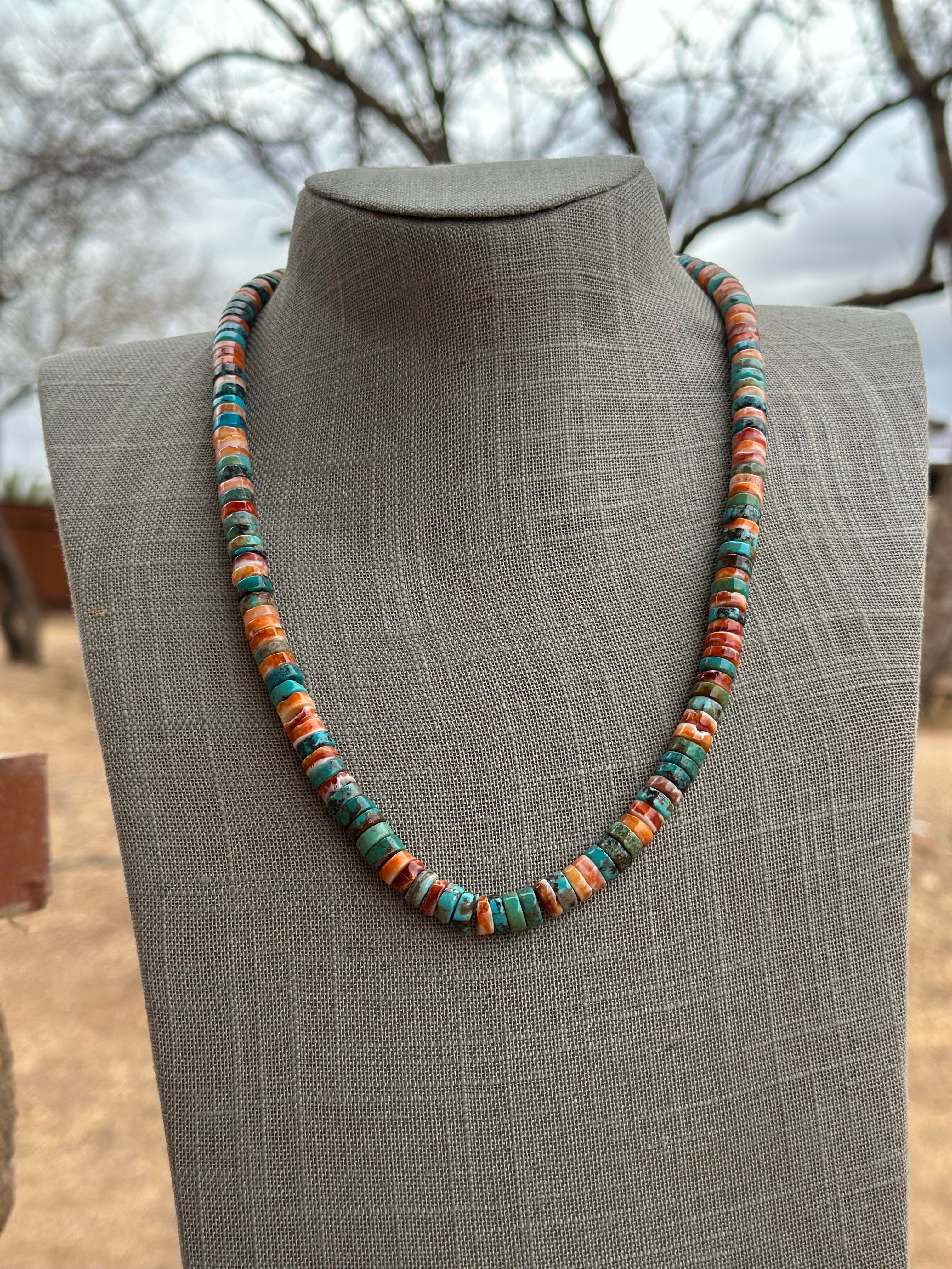 Handcrafted Kingman Turquoise & Spiny Sterling Silver 8mm Beaded Necklace