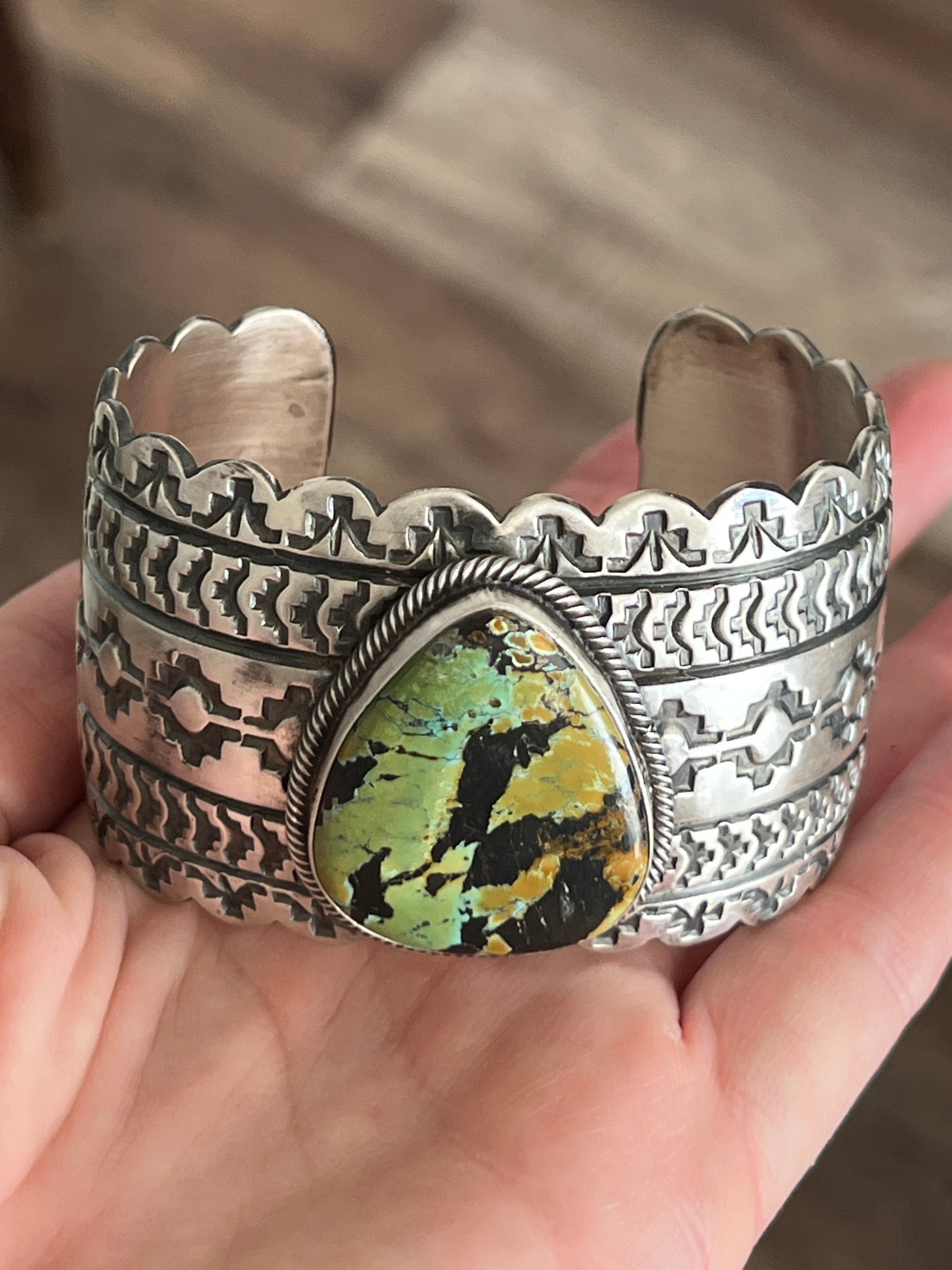 Navajo Hand Stamped Sterling Silver and Blackjack Turquoise Cuff Bracelet by Randy Boyd