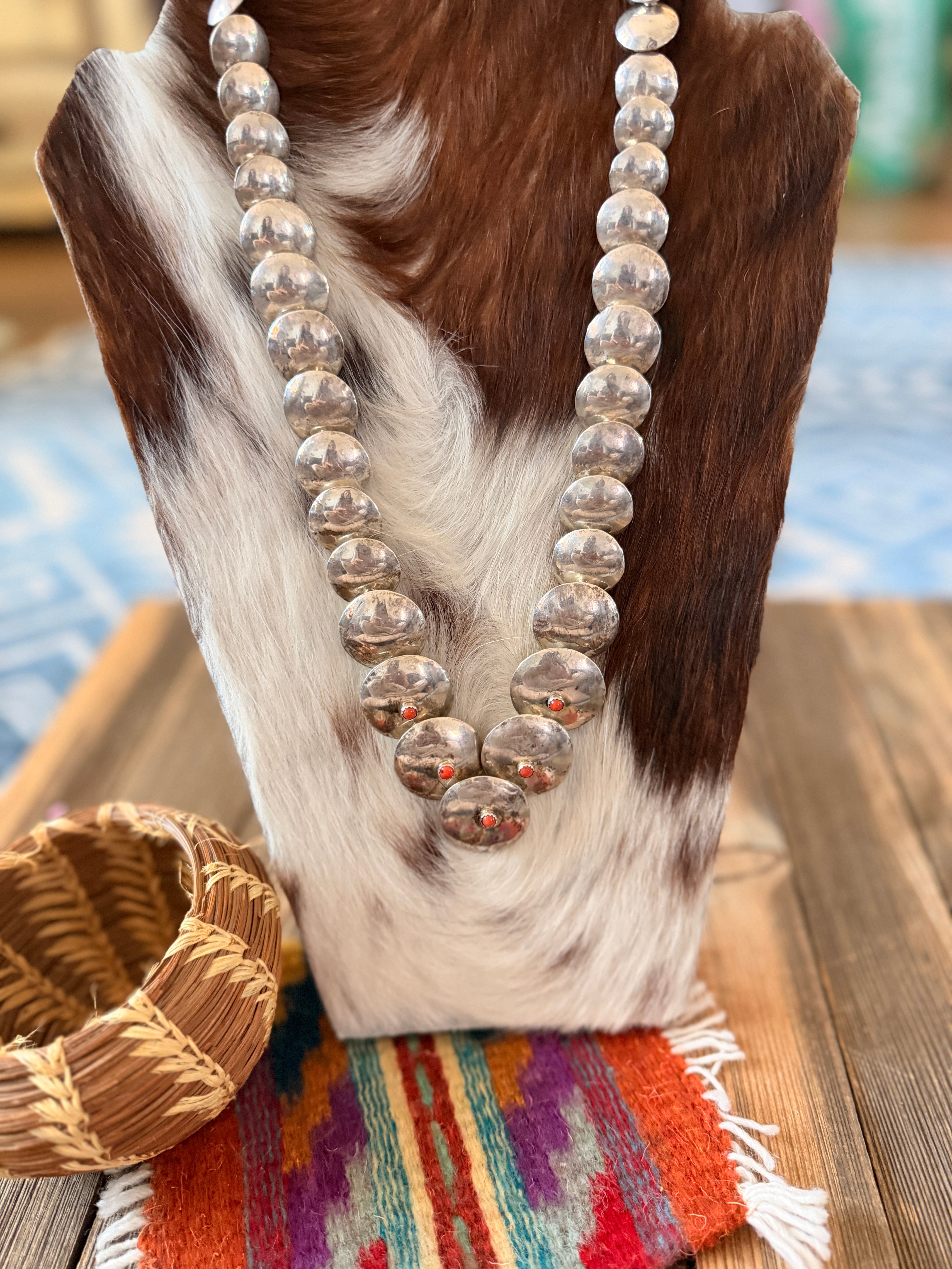 Old Pawn Handcrafted Coral and Sterling Silver Pillow Bead Necklace