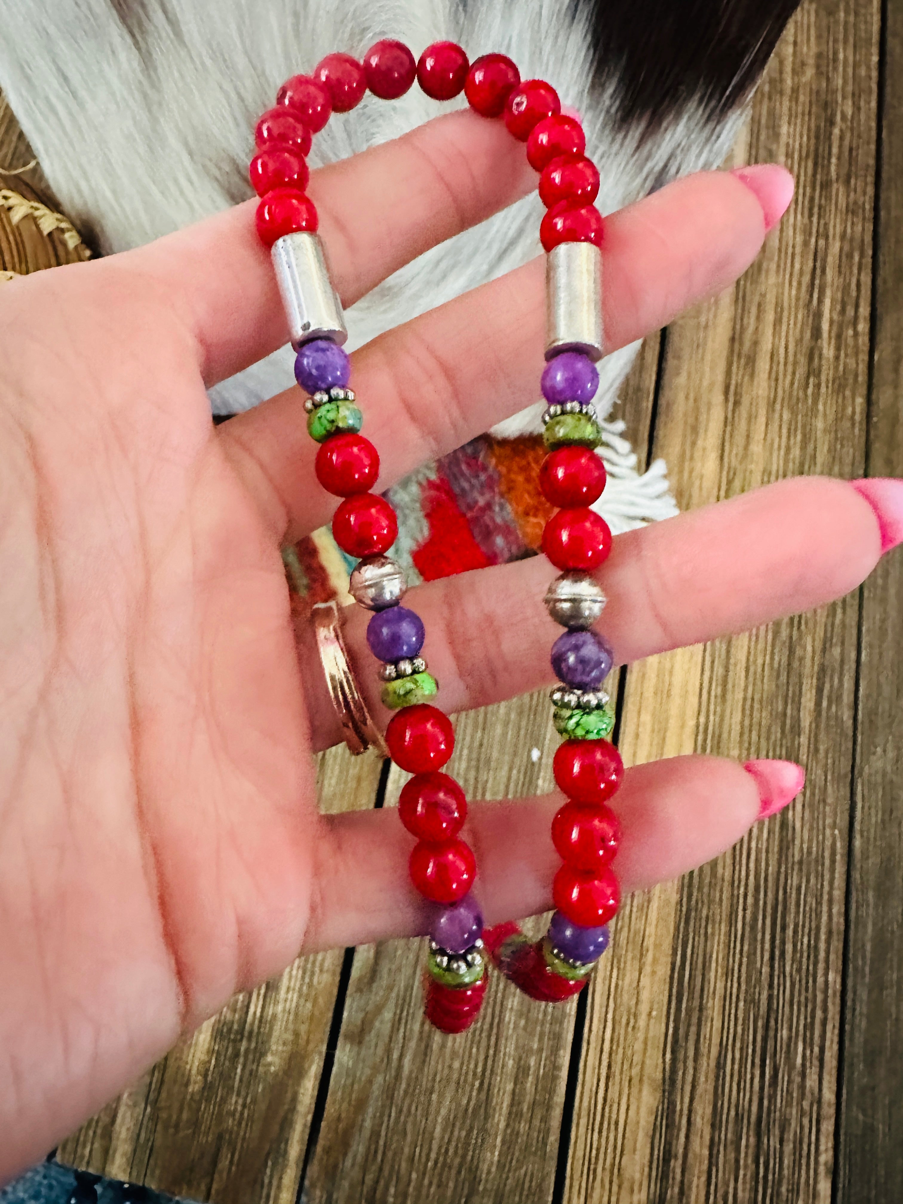 Handcrafted Multi Stone & Sterling Silver Beaded 16” Necklace by T & R Singer