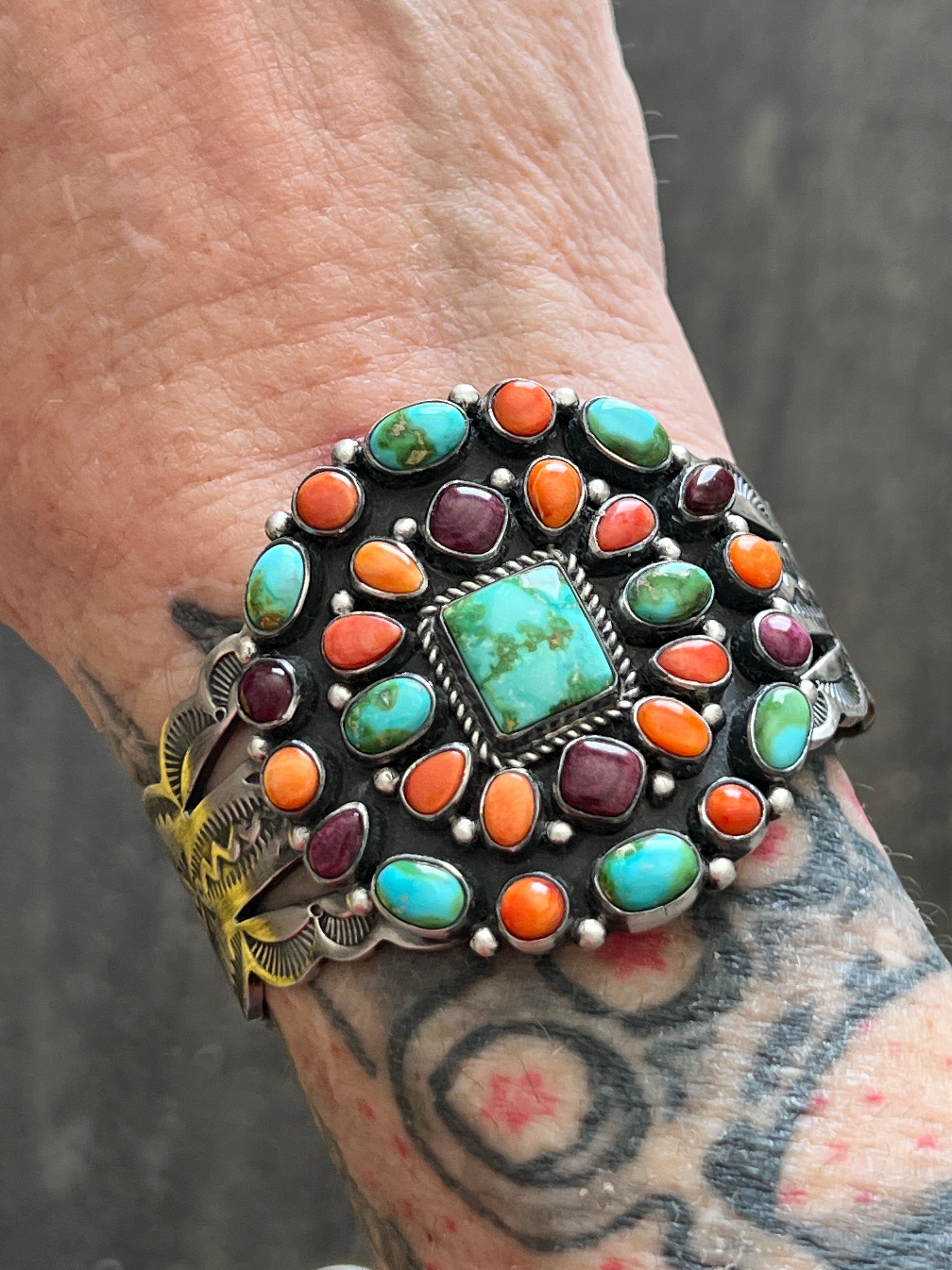 Handcrafted Sterling Silver Electric Rainbow Sonoran Turquoise and Spiny Oyster Cluster Cuff Bracelet by Murphy Platero