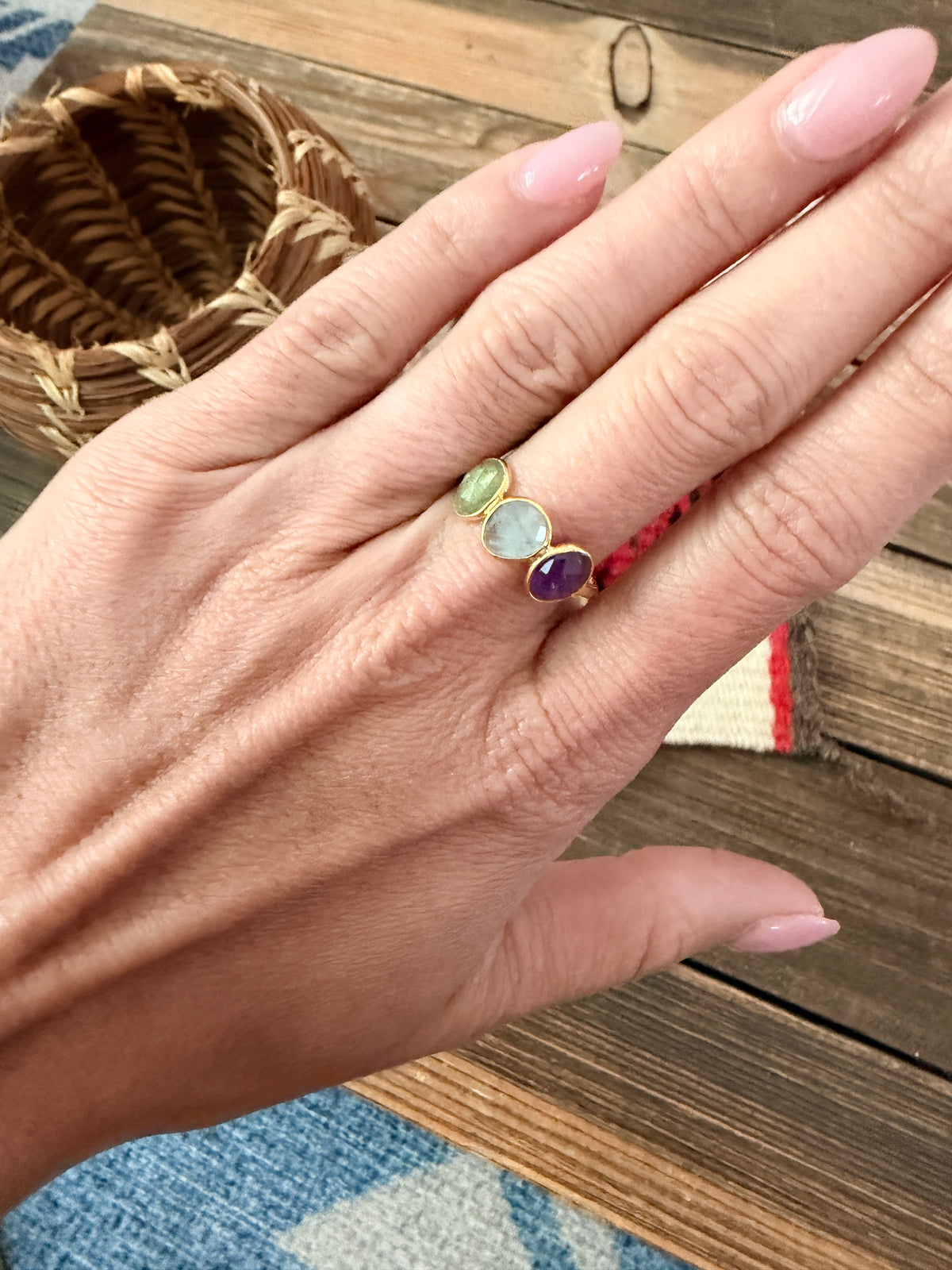 Handmade 18K Gold Vermeil Sterling Silver & Multi Stone Ring Size 7