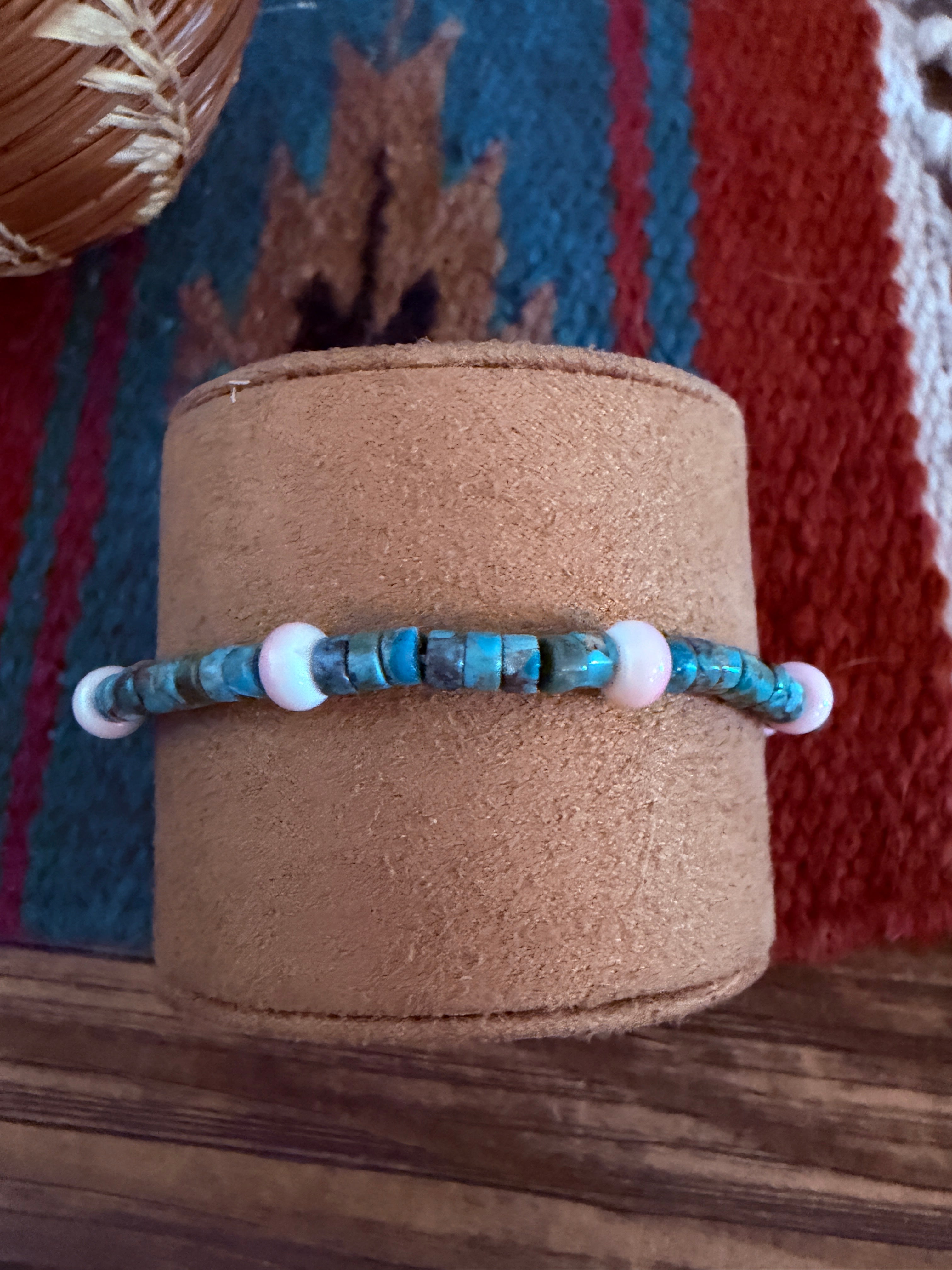 Handcrafted Turquoise & Queen Pink Conch Beaded Stretch Bracelet