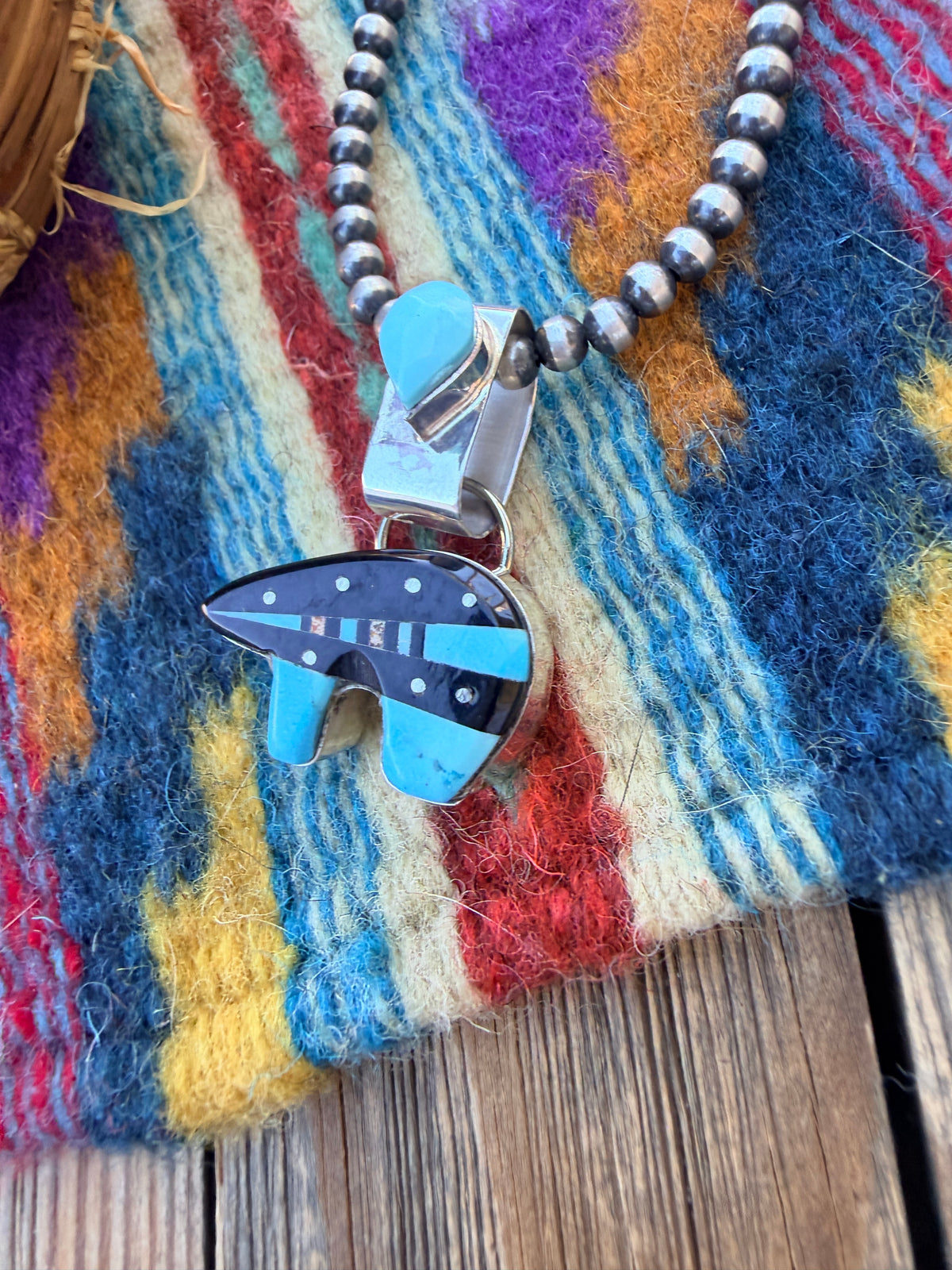 Handcrafted Sterling Silver and Multi Stone Inlay Bear Pendant by Ray Jack