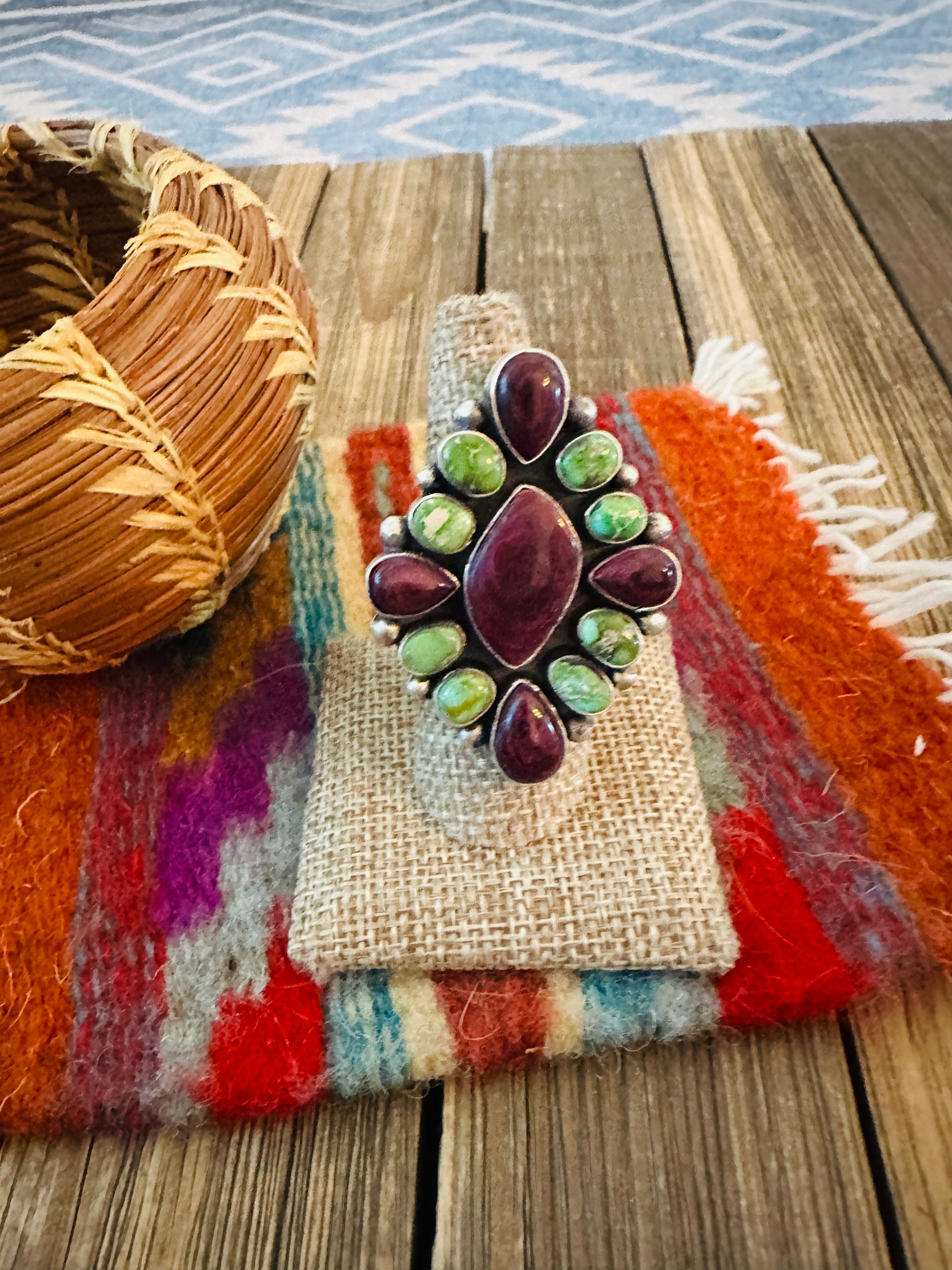 Handcrafted Spiny, Turquoise & Sterling Silver Adjustable Cluster Ring by Rena Shelly