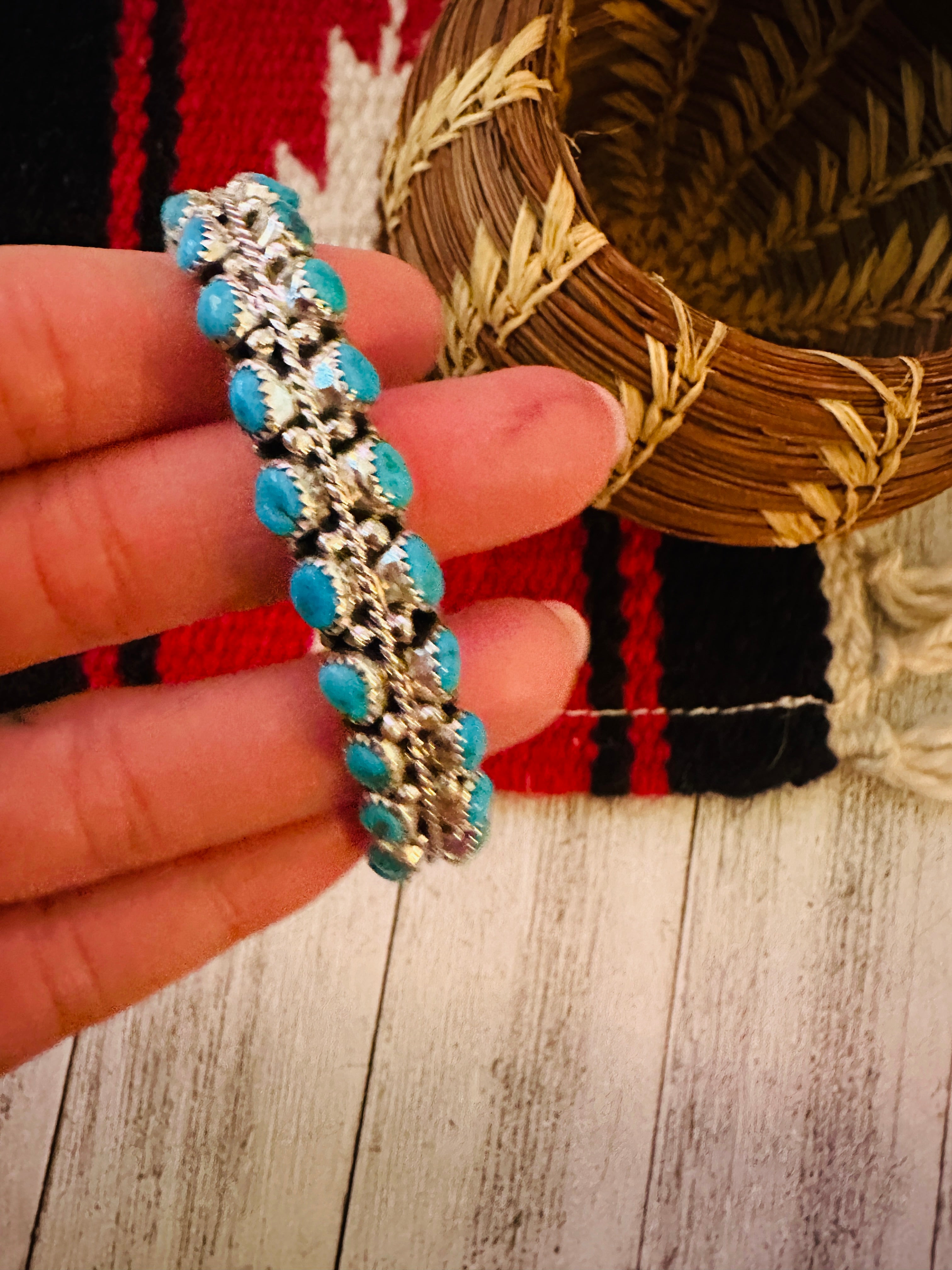 Turquoise Double Row Cluster Cuff Bracelet /