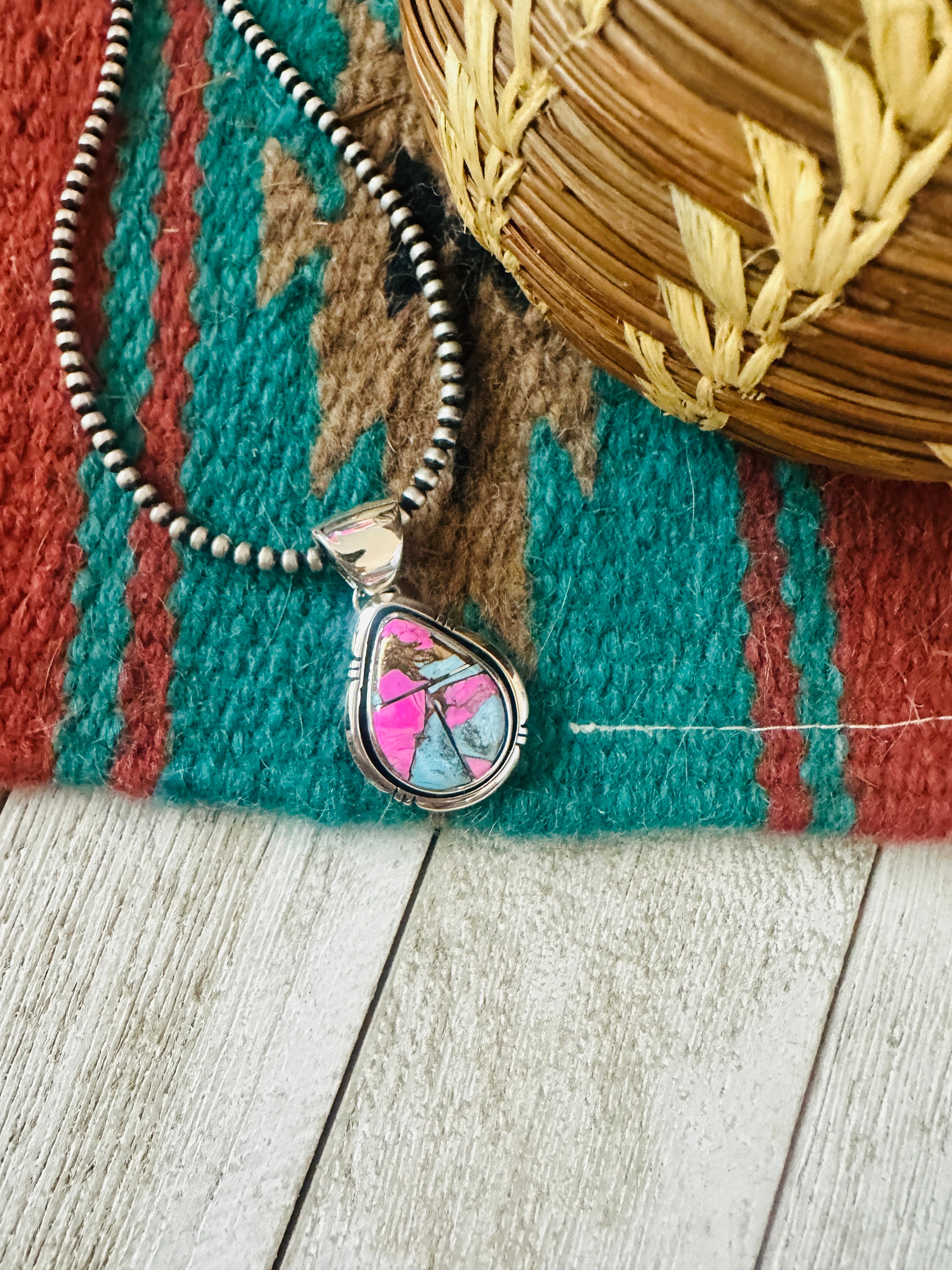 Handcrafted Cotton Candy & Sterling Silver Inlay Teardrop Pendant