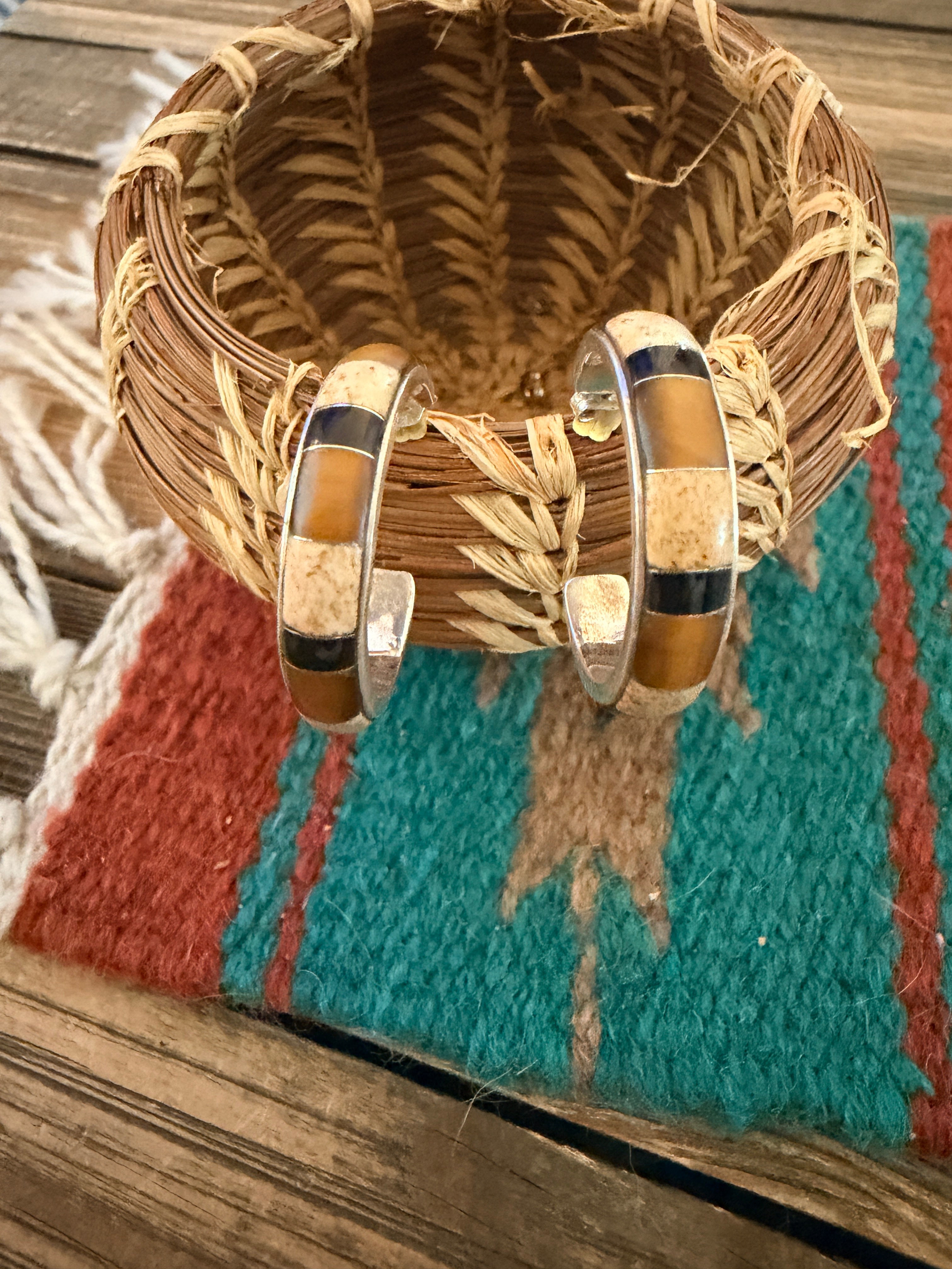 Old Pawn Handcrafted Sterling Silver & Multi Stone Inlay Hoop Earrings
