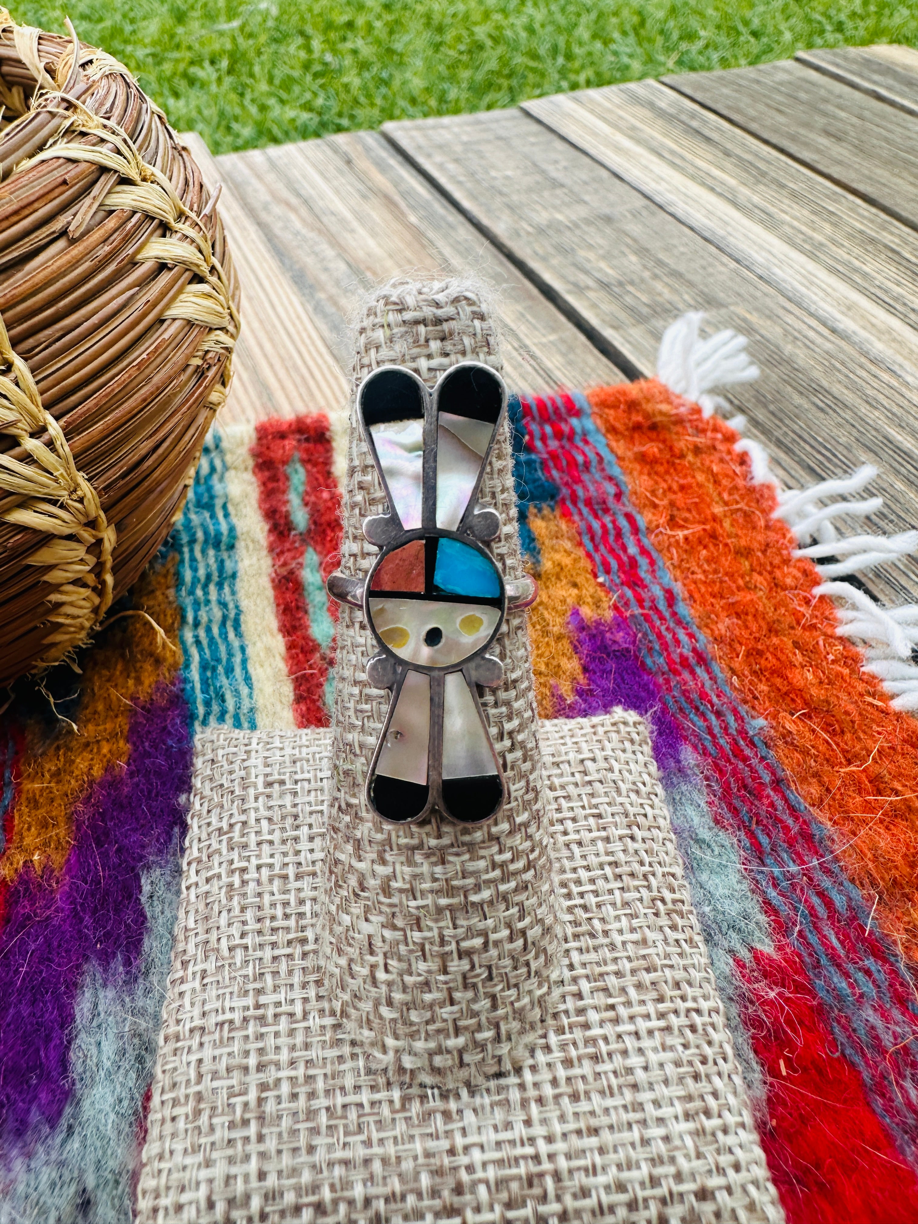 Old Pawn Handcrafted Multi Stone & Sterling Silver Sun Face Ring Size 5.5