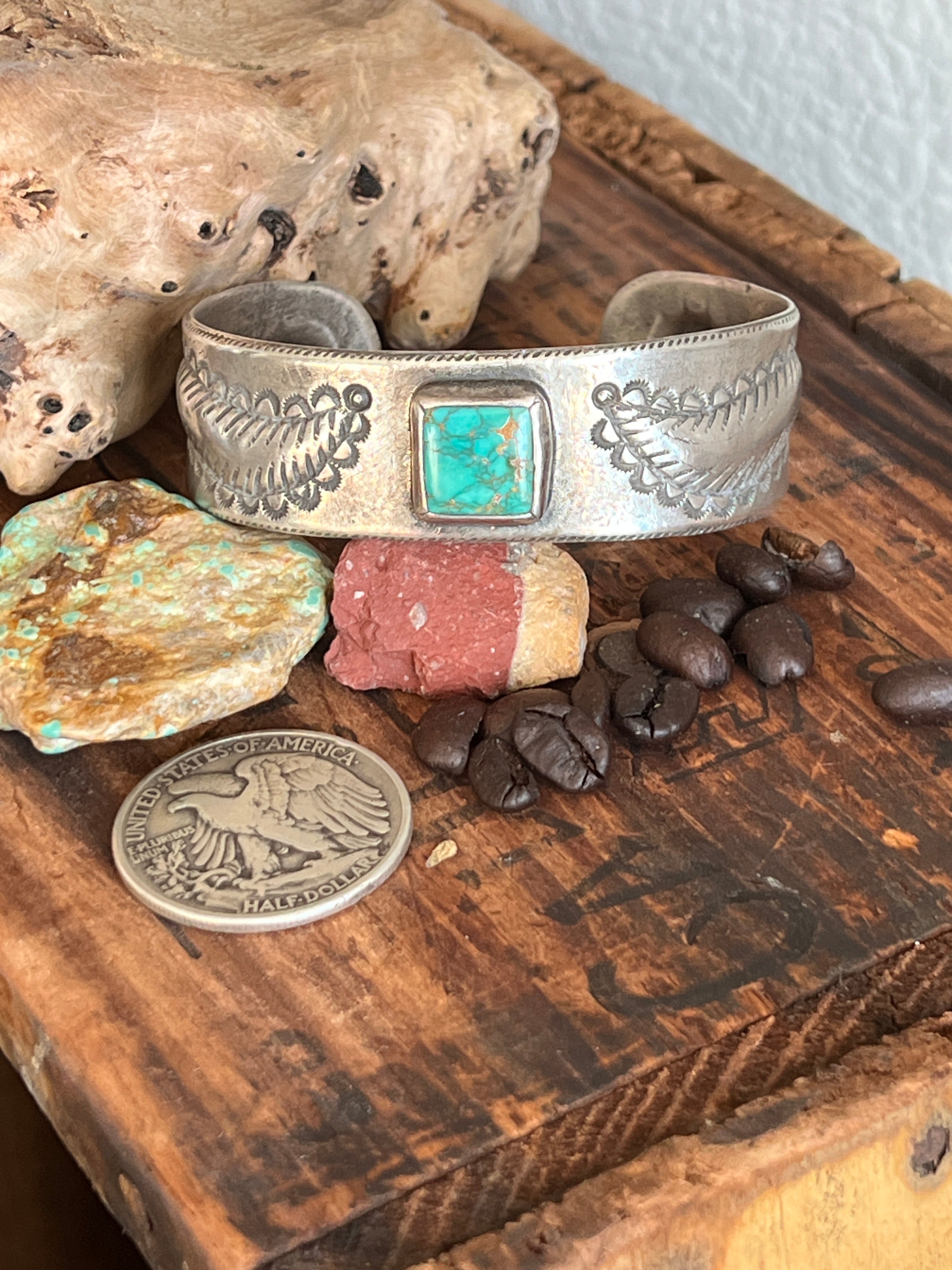 Hand Forged Old Pawn Sterling Silver & Turquoise Ingot Cuff Bracelet by Santa Fe Artist, Buffalo, The Zephyr