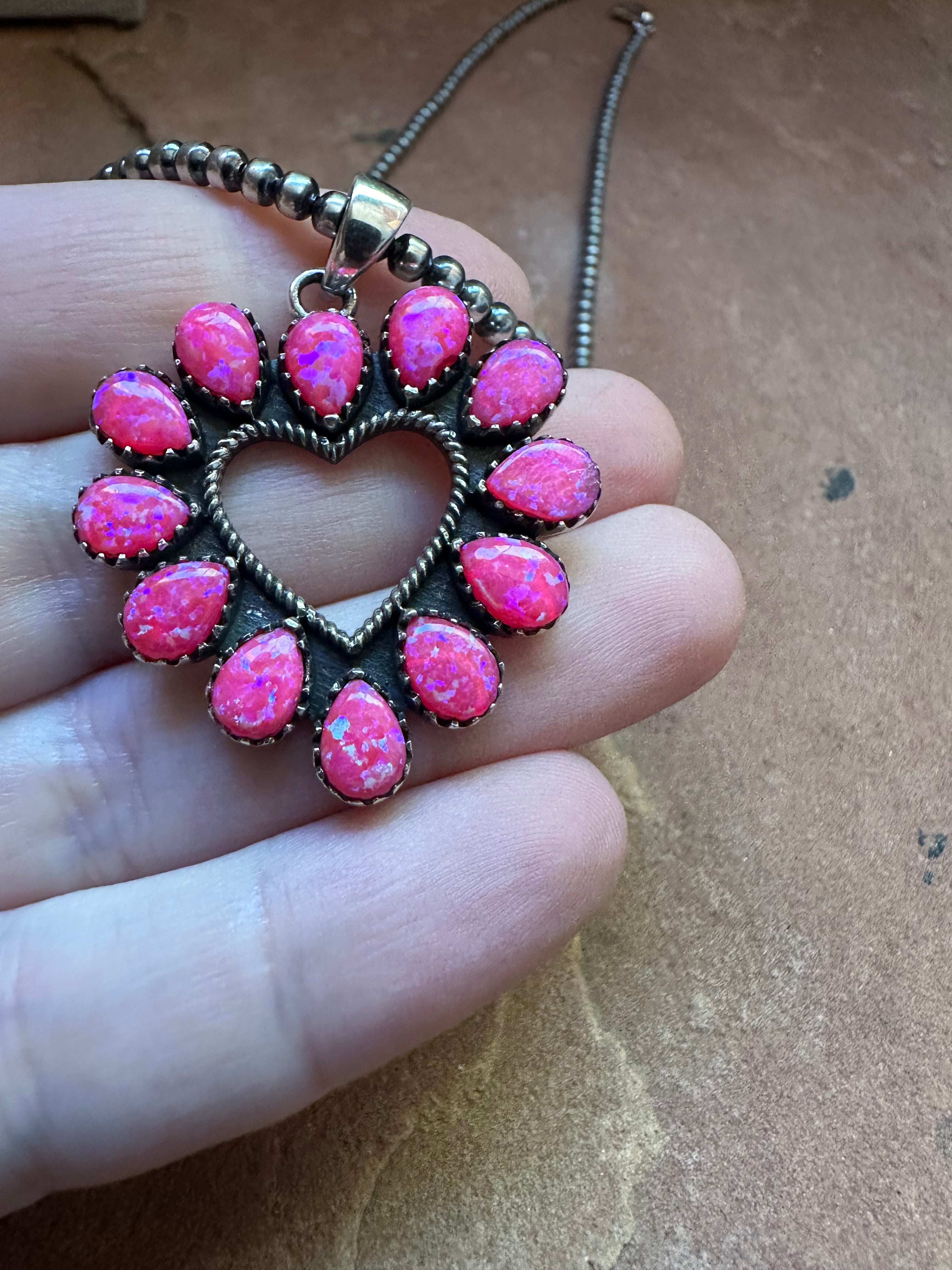 Beautiful Handmade Sterling Silver & Pink Fire Opal Heart Pendant