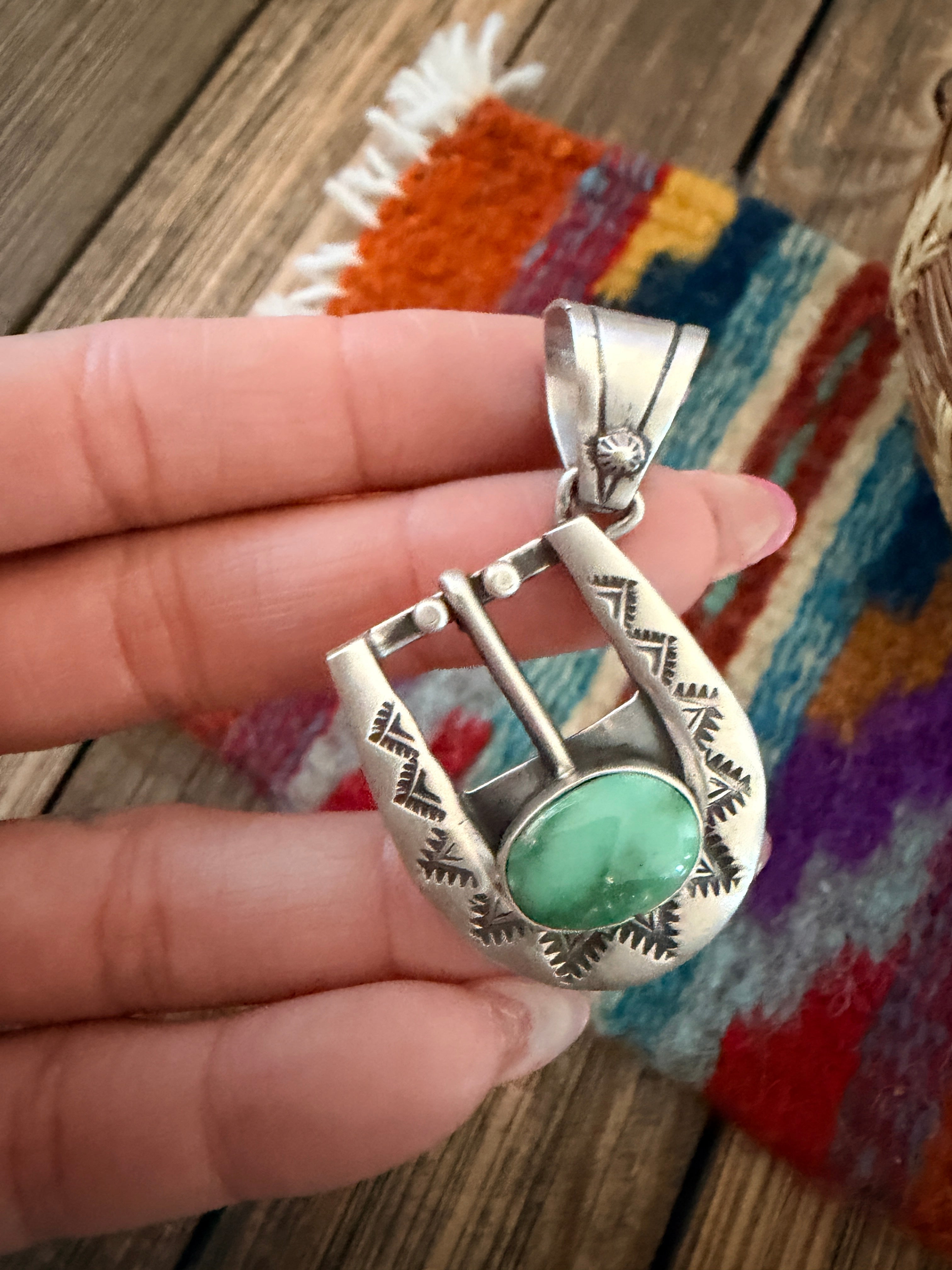 Handcrafted Sterling Silver & Turquoise Belt Buckle Pendant by Leroy James