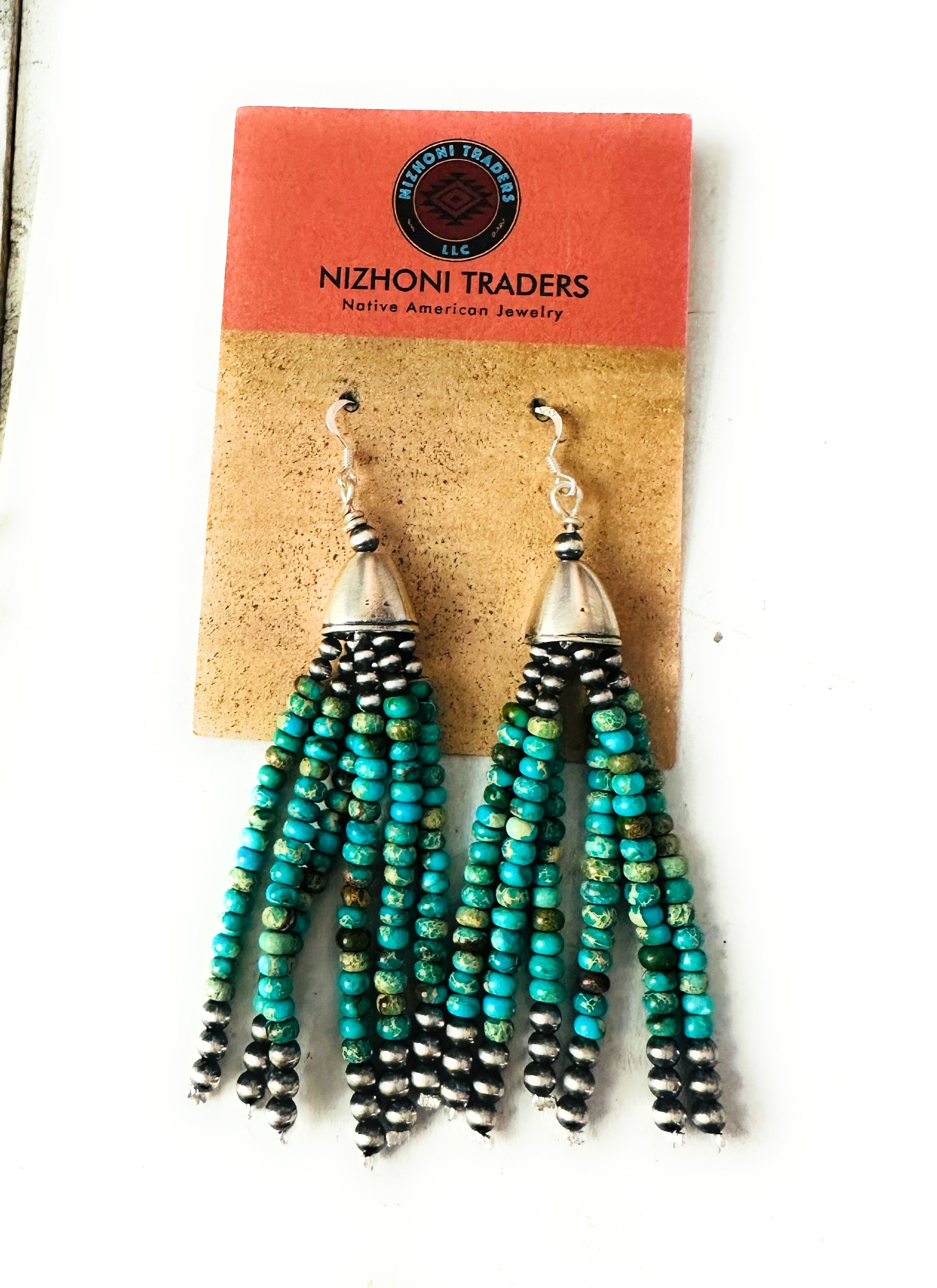 Handcrafted Turquoise & Sterling Silver Pearl Beaded Tassel Dangle Earrings