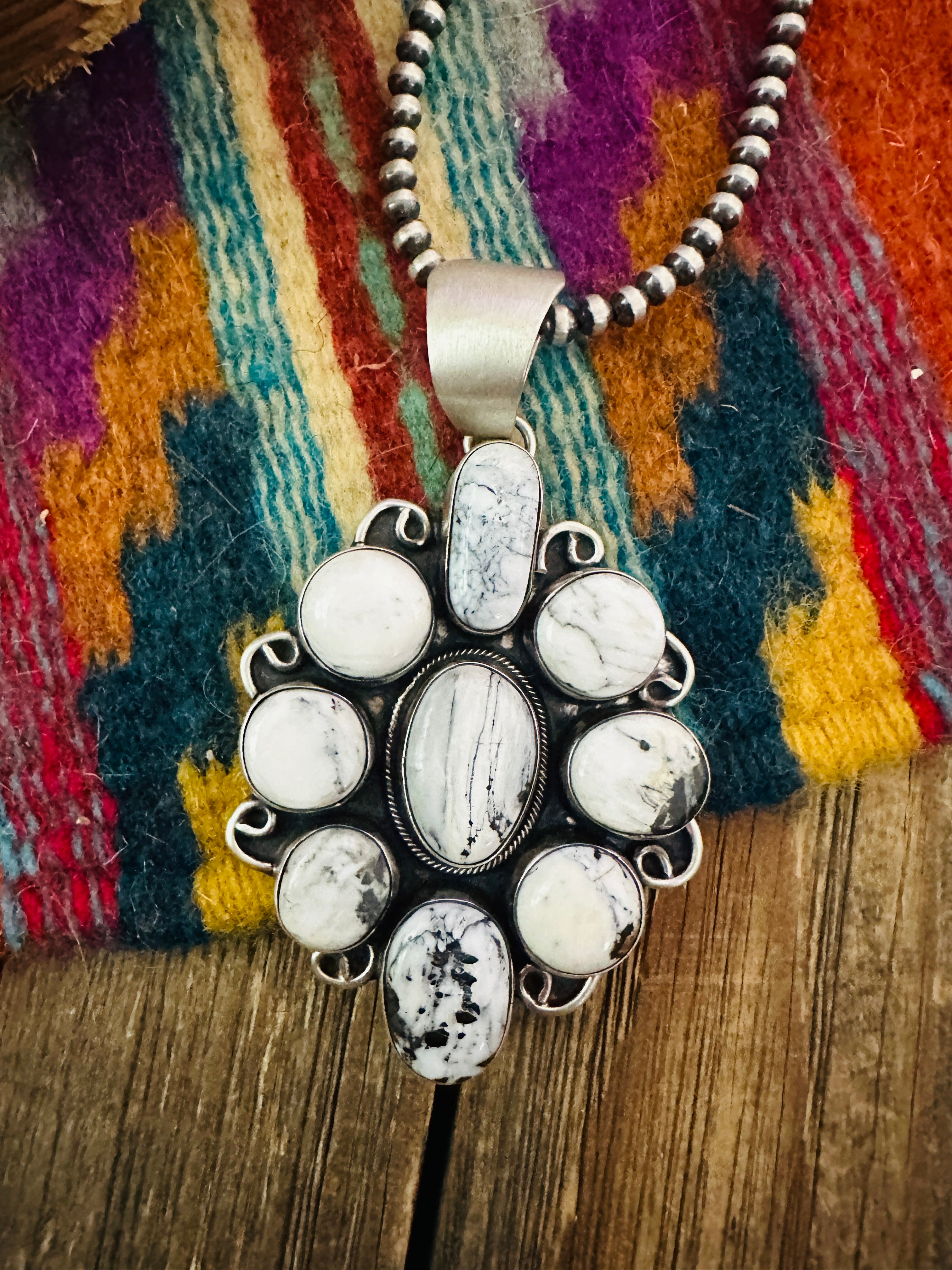 Handcrafted Sterling Silver & White Buffalo Cluster Pendant by Kathleen Chavez