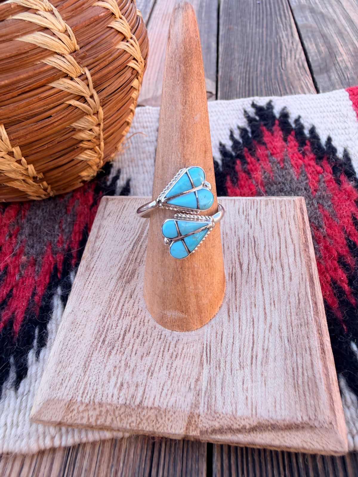 Handcrafted Turquoise & Sterling Silver Inlay Heart Adjustable Ring