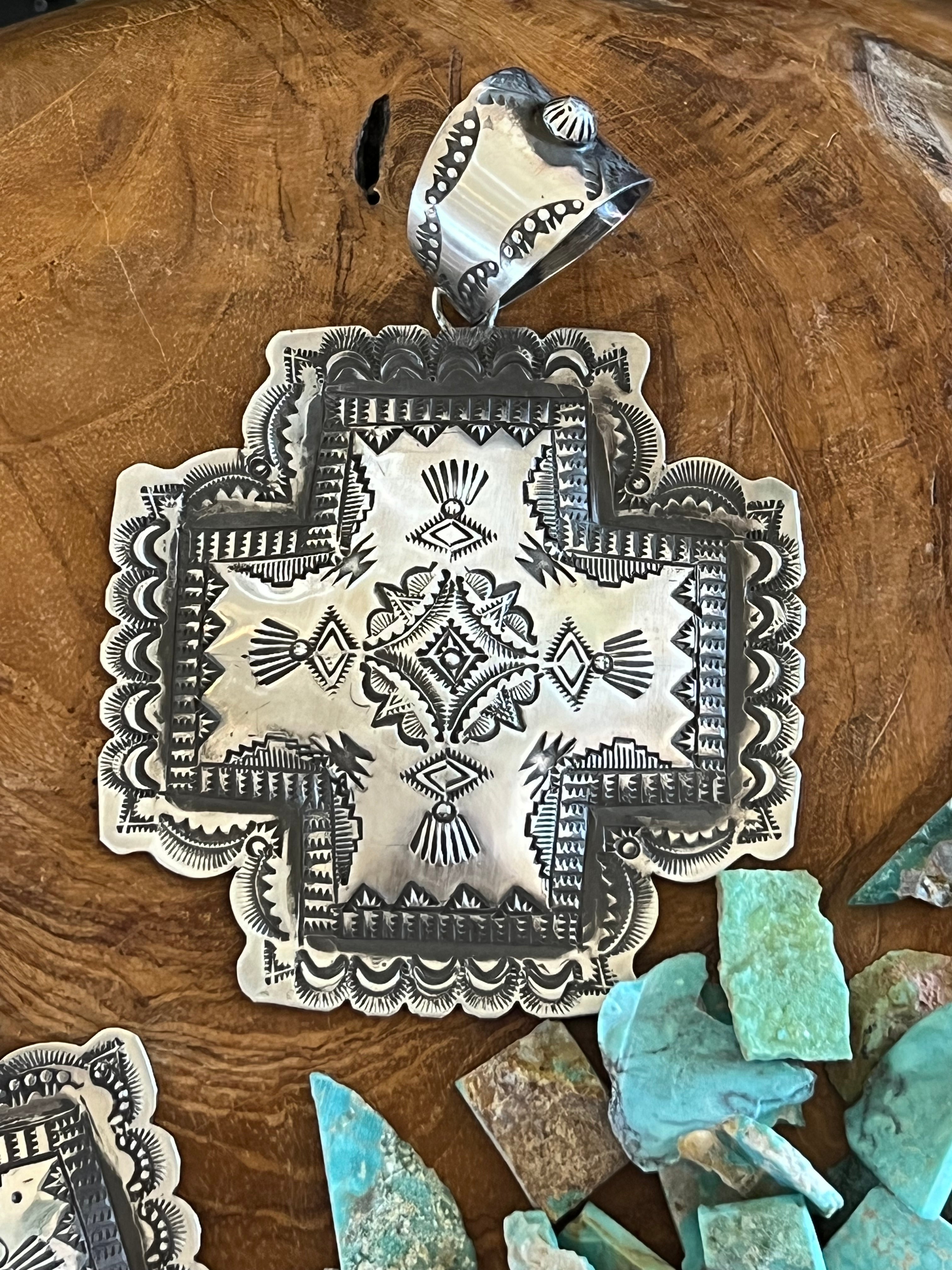 Handcrafted Hand Stamped Sterling Silver Santa Fe Cross Pendant by Victor Platero