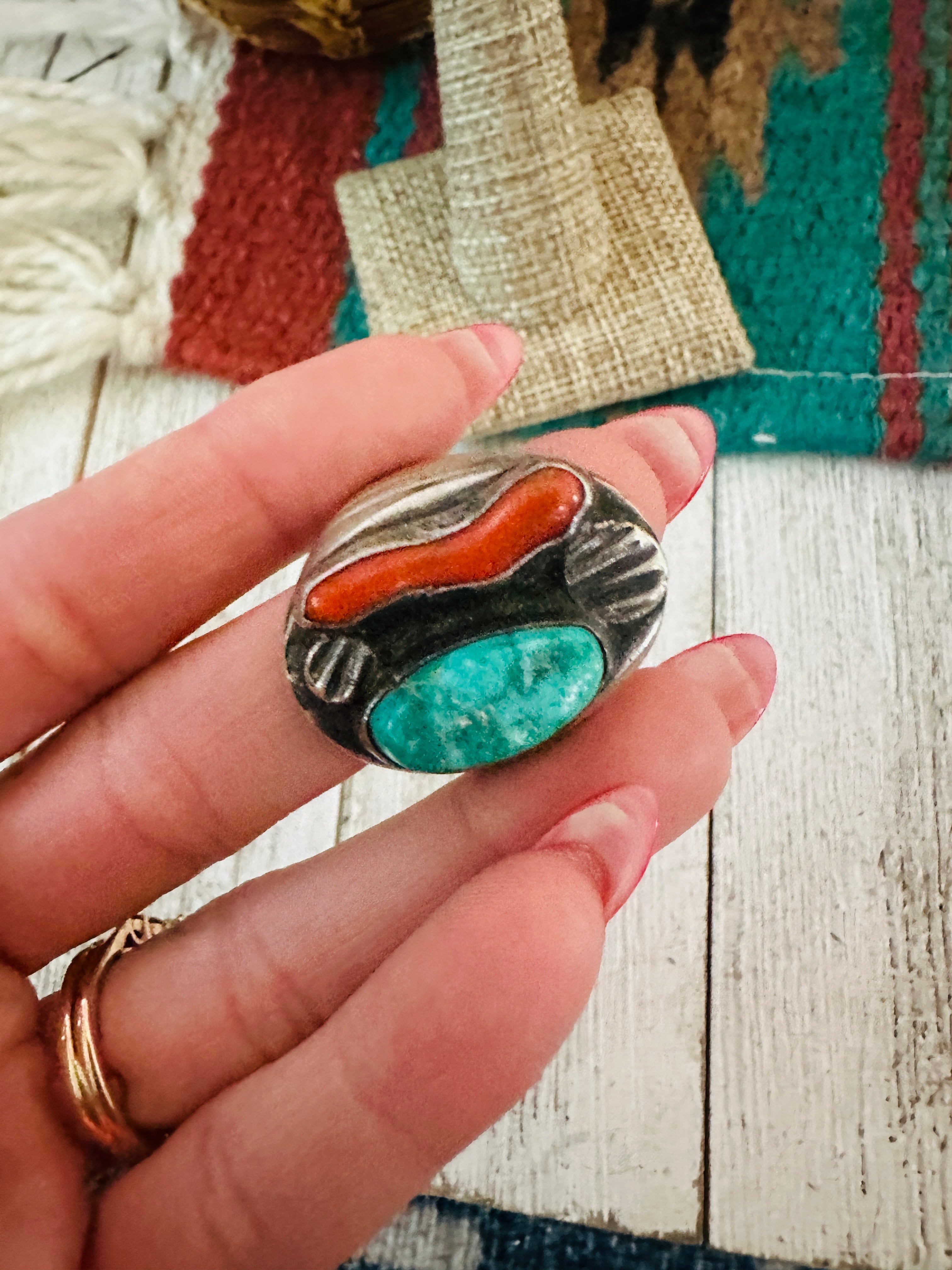Handcrafted Old Pawn Sterling Silver, Turquoise & Coral Ring Size 11.75