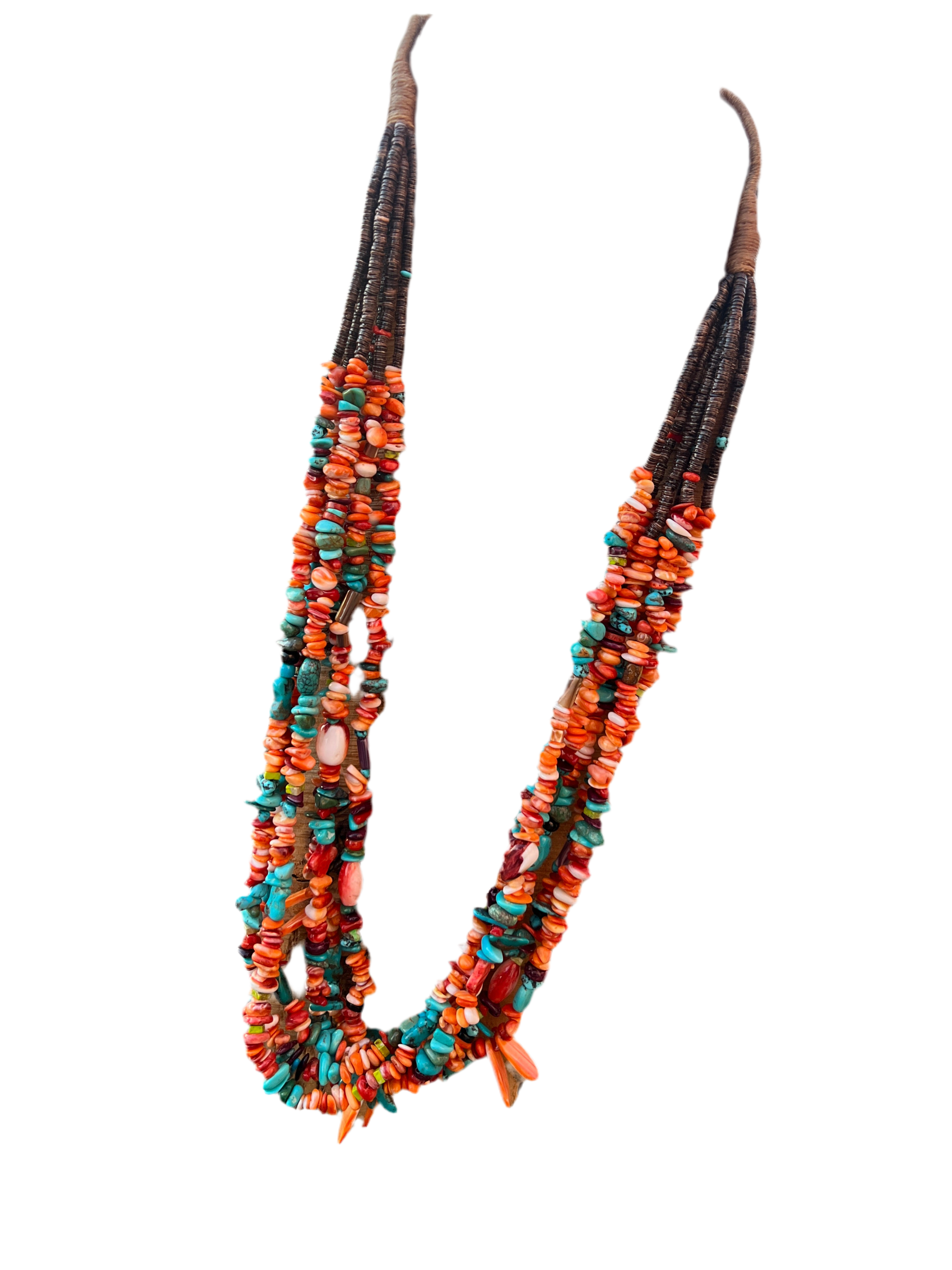 Gorgeous Santo Domingo Made Six Strand Spiny Oyster and Turquoise Beaded Squaw Wrap Necklace with Spiny Oyster Tabs
