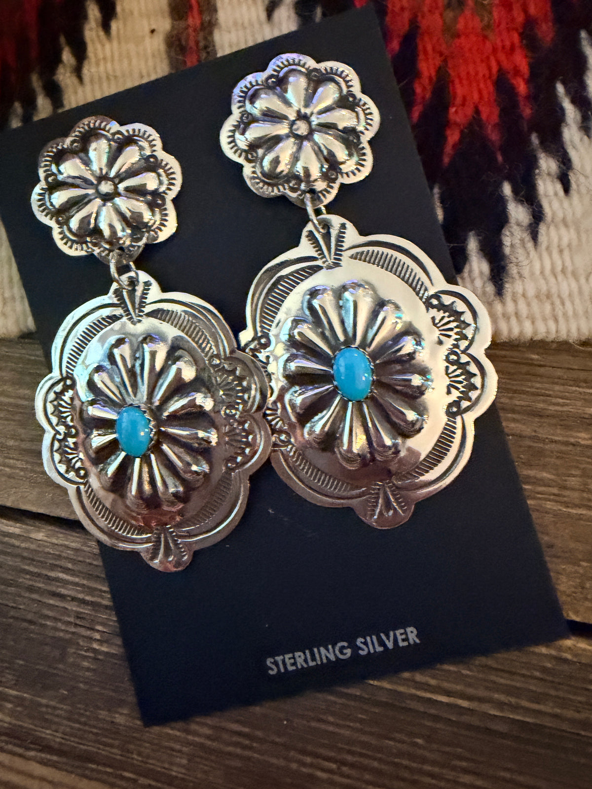 Handcrafted Turquoise & Sterling Silver Concho Dangle Earrings by Genevieve Blackgoat